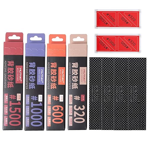 WUTA 120 hojas de papel de lija con 4 tableros de fibra de carbono, autoadhesivos, papel de arena para artesanía en cuero, carpintería, metal,