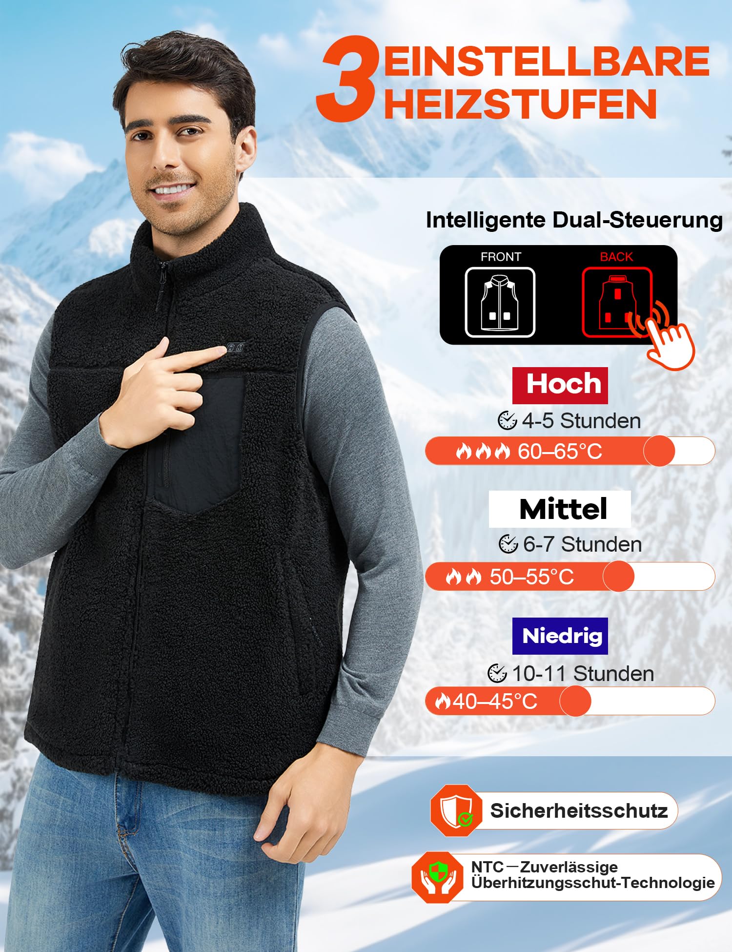 Beheizbare Weste Heizweste Herren mit Powerbank 18400mAh 7.4V, Fleece Beheizte Weste, Elektrische Wärmeweste für Winter