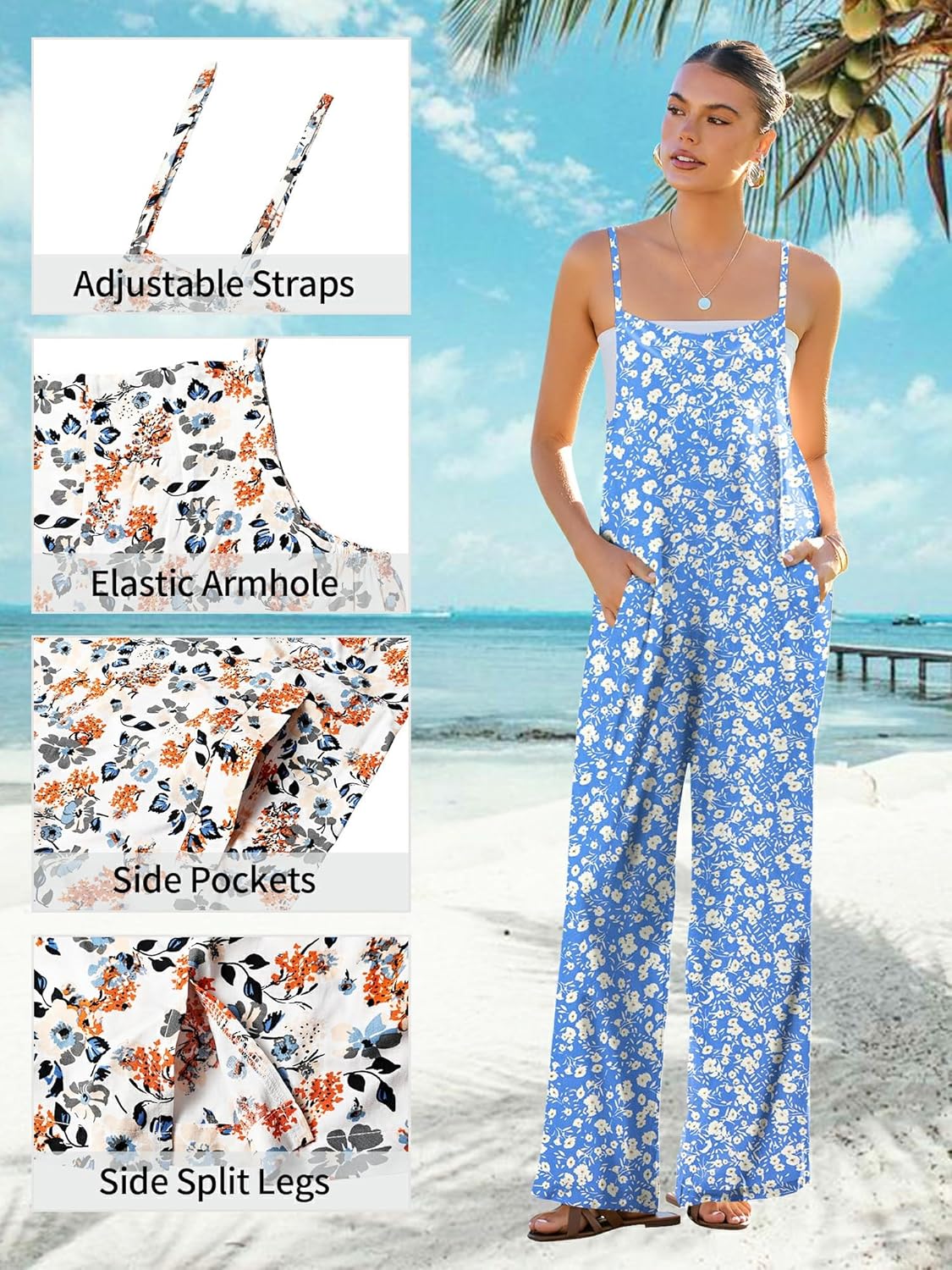 ATOG Women's Summer Jumpsuits Boho Wide Leg Overalls Casual Floral Print Rompers Beach Outfits with Pockets - Image 6