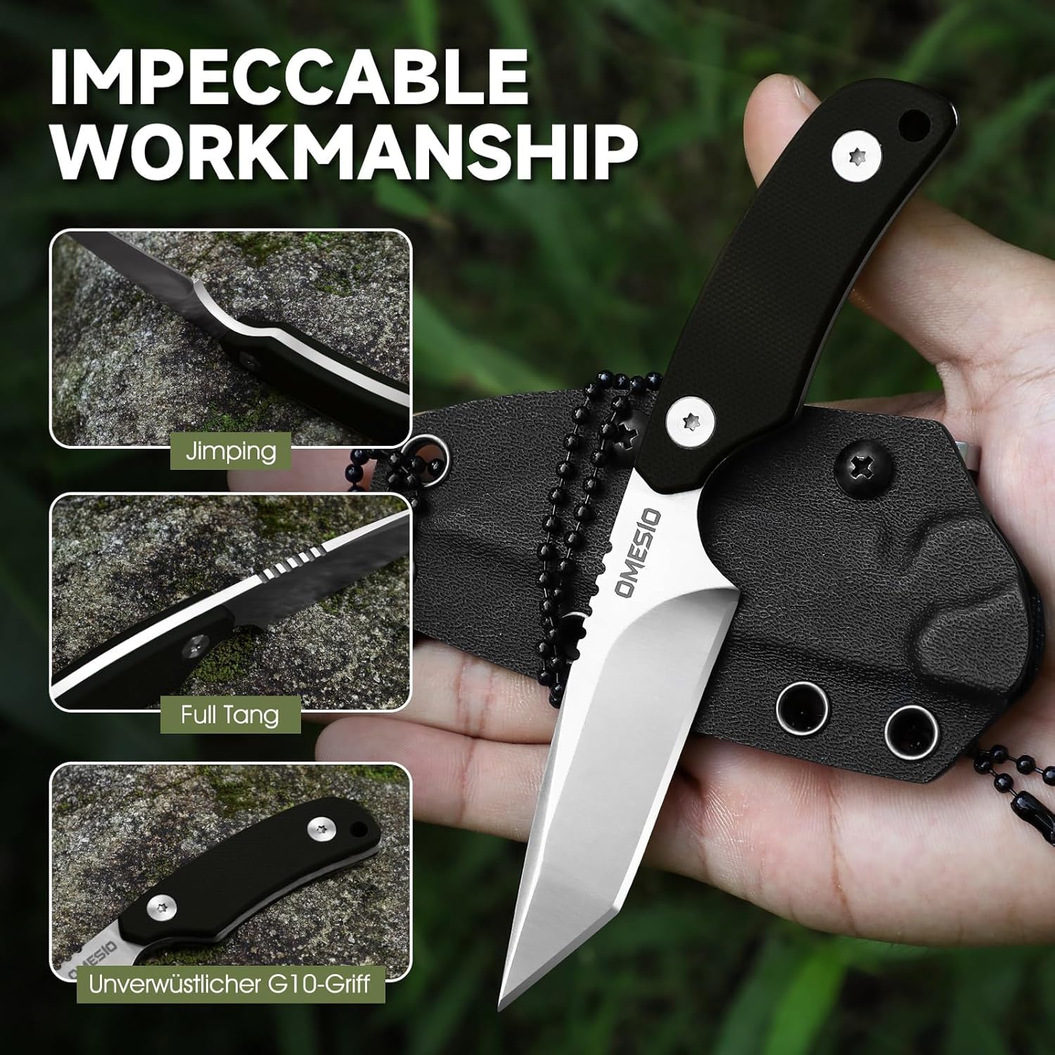 Omesio Zarówno Neck Knife EDC, nóż z klipsem, wykonany ze stali D2, mały nóż ze stałym ostrzem z uchwytem G10, Full Tang z etui Kydex i długością ostrza 8,3 cm