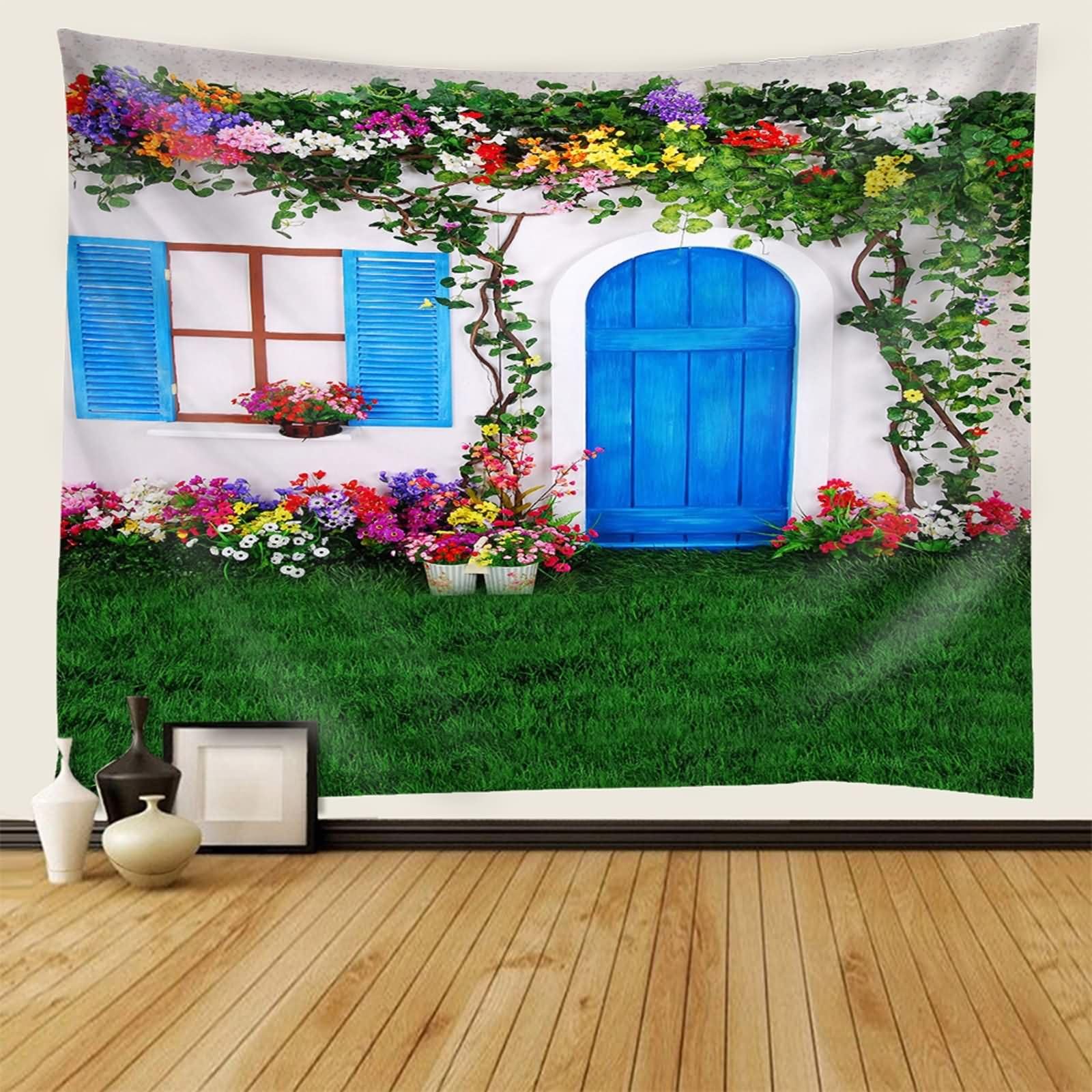 Homxi Tapiz para Sofas Grandes 260 x 240 CM,Paisaje del Patio Tapices Decorativas Poliéster Azul Verde