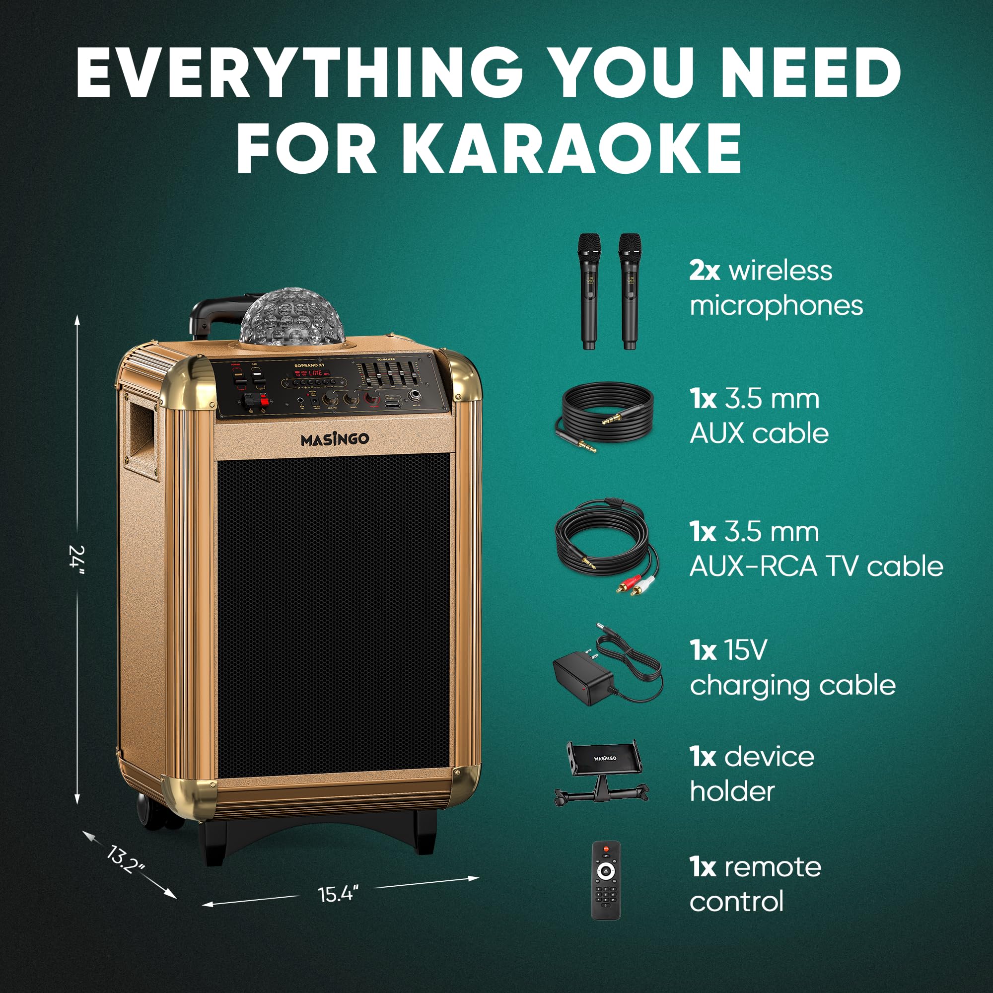 MASINGO Máquina de karaoke para adultos y niños con 2 micrófonos inalámbricos, sistema de altavoces PA portátil con dos micrófonos Bluetooth, luces de fiesta, soporte para pantalla de letras y cable