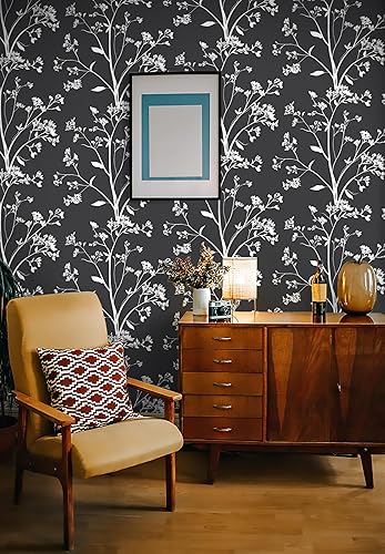 Miniatura 3 de Hopepak Papel tapiz floral para despegar y pegar, papel tapiz de 17.3 x 394 pulgadas, papel de contacto floral gris y blanco, bohemio, autoadhesivo,