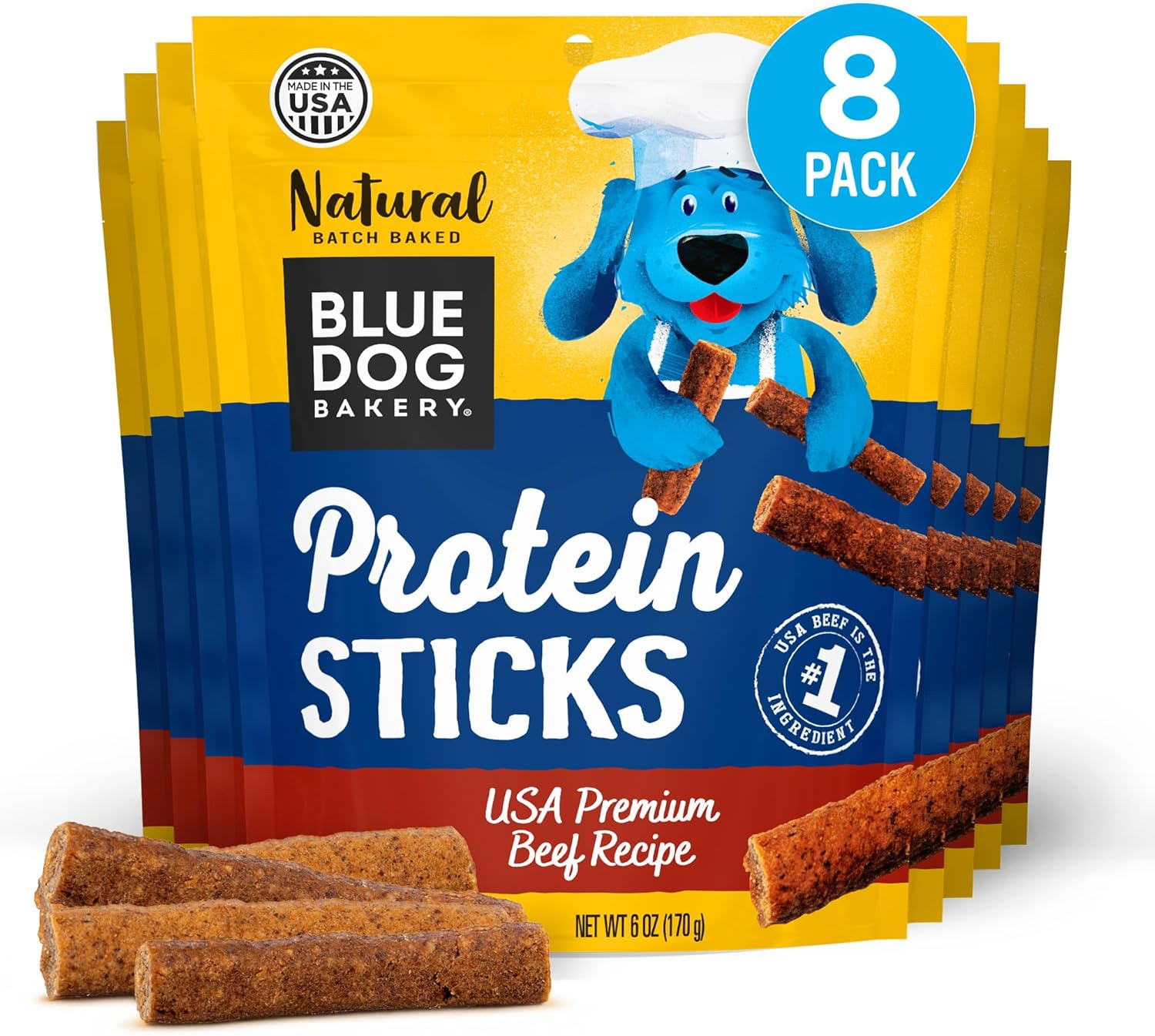 Blue Dog Bakery Protein Jerky Sticks | Medium, Soft Beef Flavor Chew Sticks | Natural Healthy Dog Treats, 6 oz (Pack of 8)