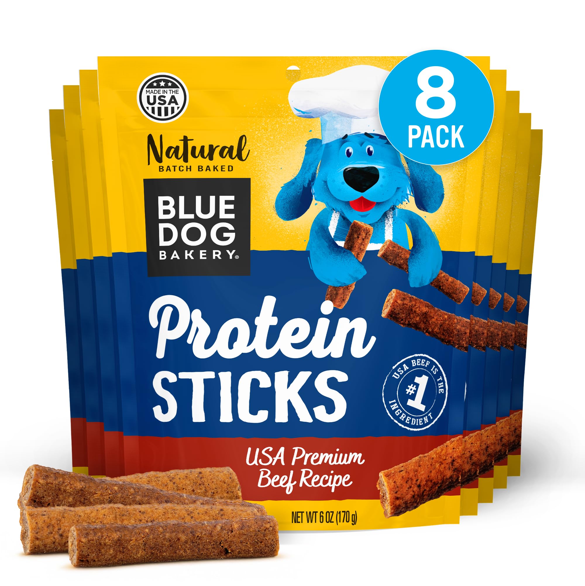 Blue Dog Bakery Protein Jerky Sticks | Medium, Soft Beef Flavor Chew Sticks | Natural Healthy Dog Treats, 6 oz (Pack of 8)