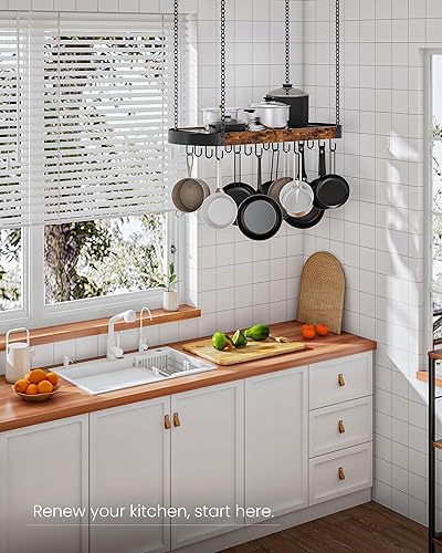 Miniatura 3 de TPR09BF - Estante colgante para ollas de 31.7 pulgadas, ahorro de espacio para cocina, estante colgante de bandeja de techo con 16 ganchos en S