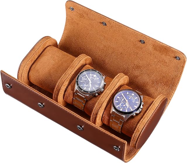 Hemobllo 3 Slots Watch Box Retro PU Leather Watch Roll Travel Case Elastic Watch Organizer Holder Jewelry Storage Box for Watch Accessory (Brown)