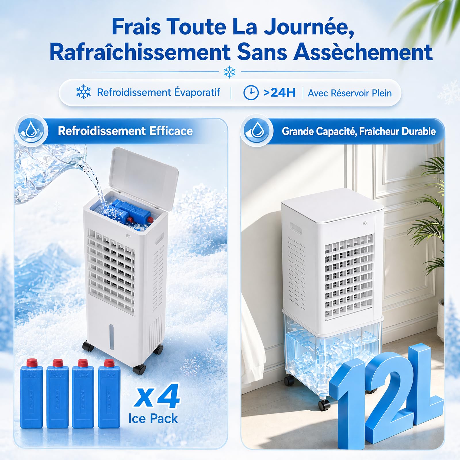 4-in-1 Air Cooler 12L Mobile Klimaanlage ohne Abluftschlauch, Luftkühler Verdunstungskühler mit Fernbedienung