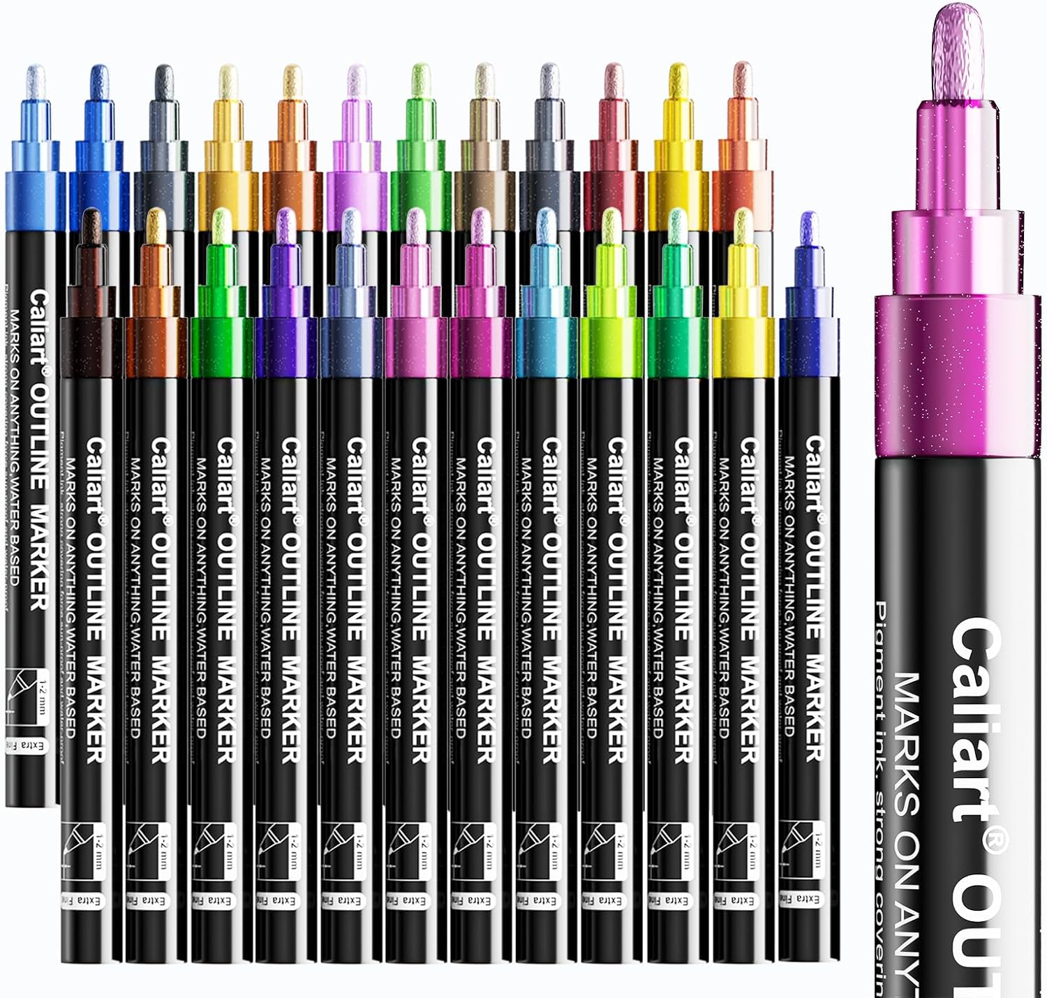Caliart 24 Colors Outline Markers Shimmer Glitter Pens, Cool Fun Craft Metallic Drawing Marker Set, Tween Teen Girl Gifts Trendy Stuff, Art Supplies for Adults Kids Artists