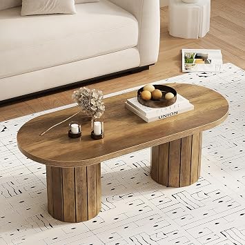 Tohomeor Oval Coffee Table, 43.3" Farmhouse Wooden Coffee Table with Fluted Legs, Mid-Century Modern Accent Center Table with for Living Room or Home Office, Retro Brown
