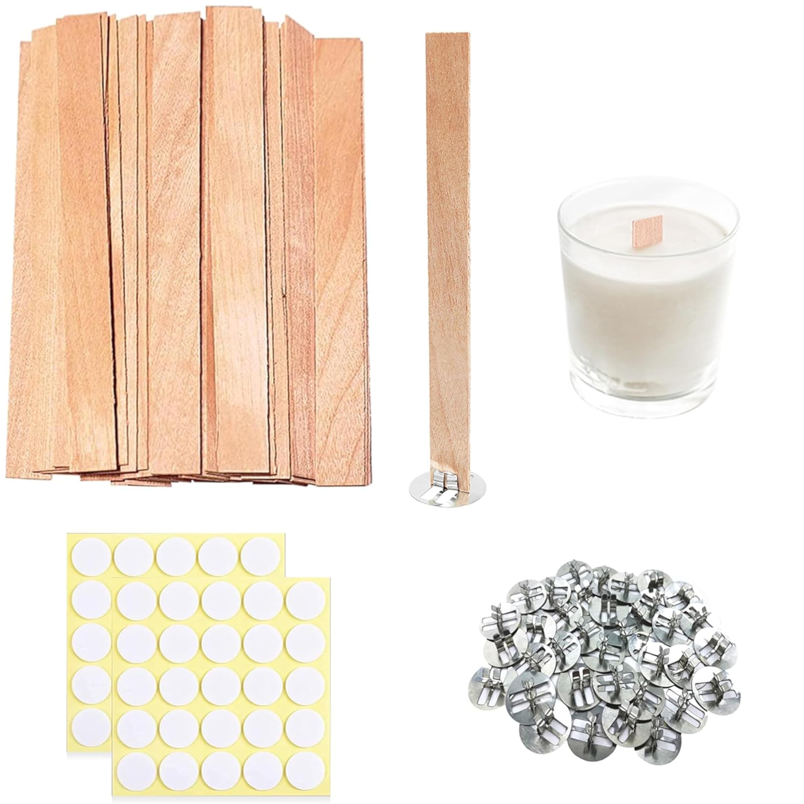 150 Pcs Thickned Wooden Candle Wicks. 5.1 X 0.5 X 0.06 Inch Upgrade Crackling Wooden Wicks, Long Lasting Smokeless Wood Wicks with Iron Standers, Wick Stickers, and Warning Labels- 50 Sets