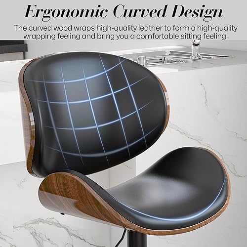 Miniatura 6 de Juego de 2 taburetes de bar giratorios ajustables, modernos taburetes de bar de madera curvada con base de metal grande y reposapiés, silla de bar