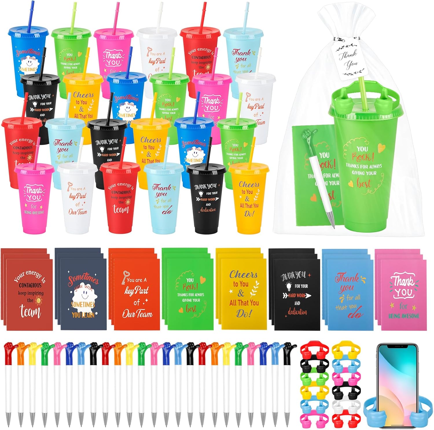 144pcs/24 Set Employee Appriciation Gifts with Reusable Tumbler Inspirational Notepads Pen Mobile Phone Stand,Team Thank You Bulk Christmas Gift for Coworker Staff Nurse Volunteer (Employee Colorful)