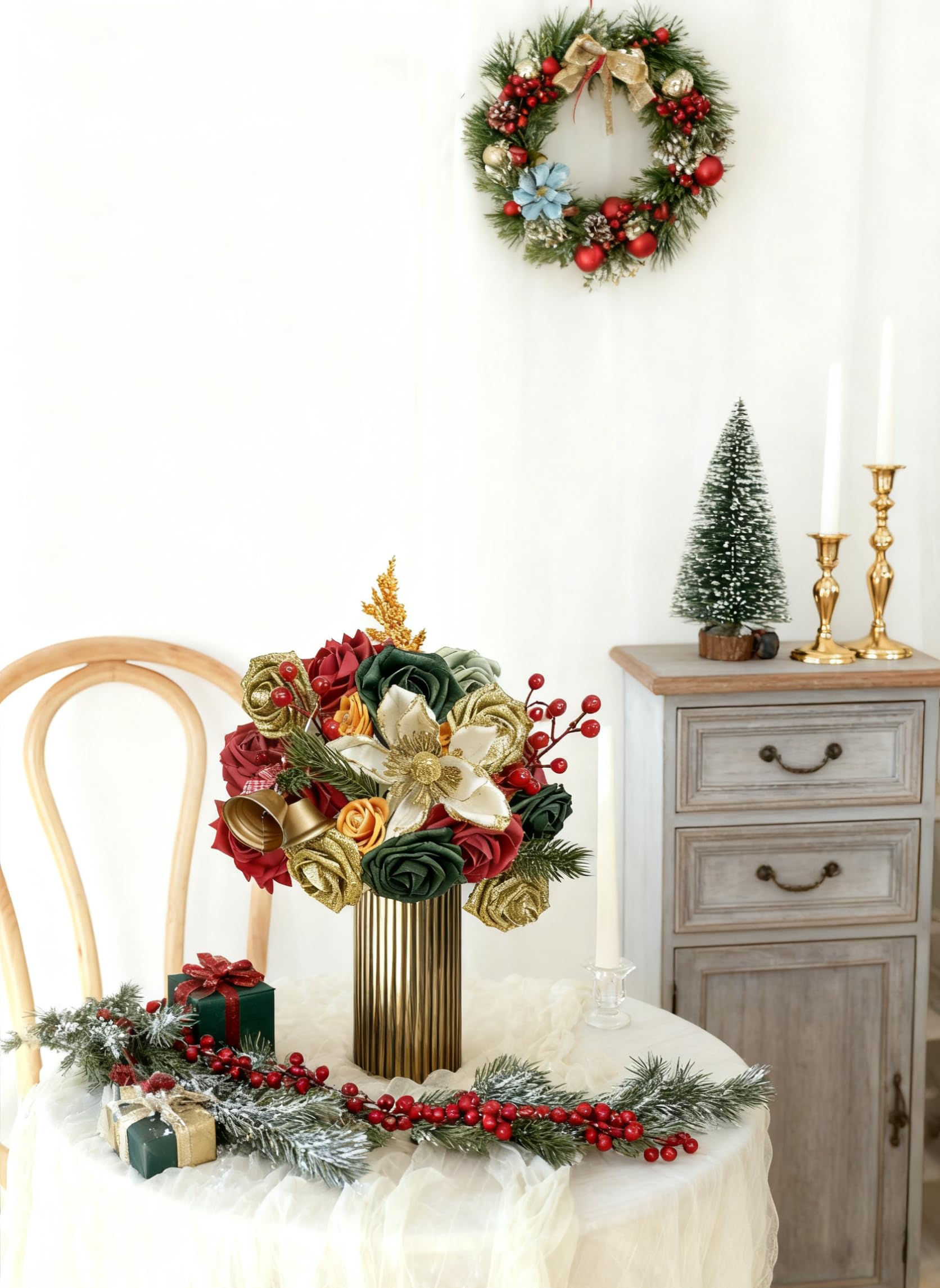Künstliche Weihnachtsblumen-Box, Rosen, Weihnachtssterne, Stechpalme, künstliche Seidenblume für Heimwerker, Tischdekoration, Weihnachtsbaumschmuck, Weihnachtskranz, Urlaub, Zuhause, Party-Dekoration