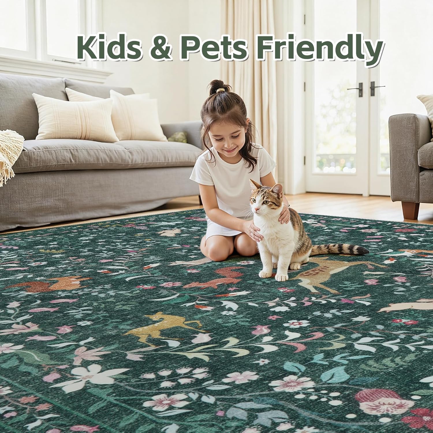 Runner Rug Washable Runners Kitchen Rugs Non Slip Neutral Floral Carpet Low Pile for Indoor Hallways Entryway Living Room Bedroom Laundry Soft Mat 2'6''x8' Dark Green