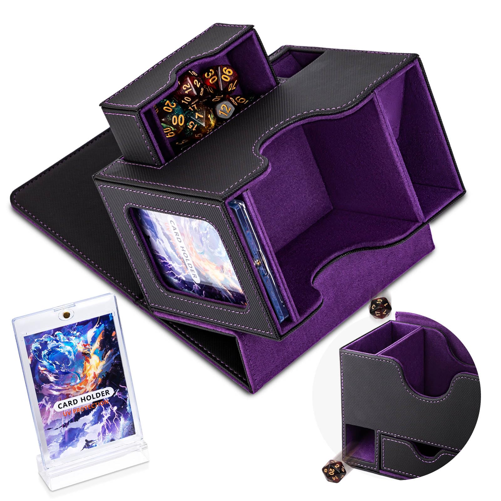 FlooyesMTG Commander Deck Box, Card Storage Box Fits 100 Double-Sleeved Cards, 35pt Card Brick, Dice Tray & Dice Pool, PU Leather Strong Magnet Card Deck Case for Magic Commander TCG CCG, Purple