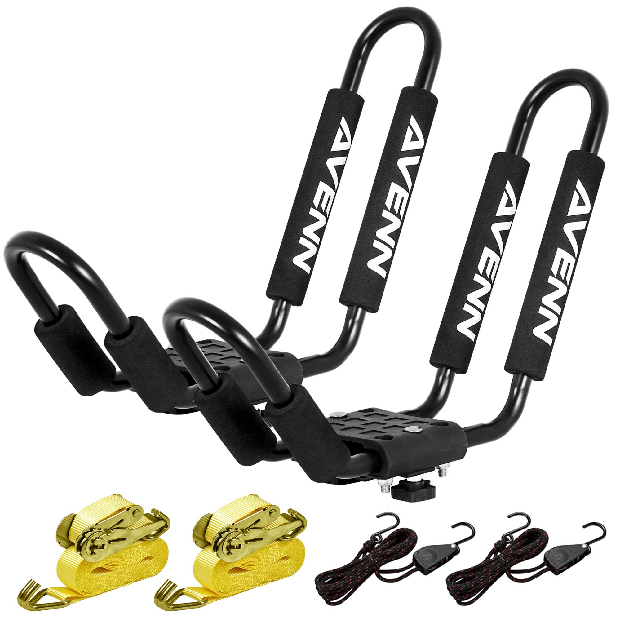 AVENN Kayak HD Roof Rack Car SUV Top Universal Mount J-Bar Canoe Boat Surf Ski Carrier with Lashing Strap & Stern Tie Down Straps