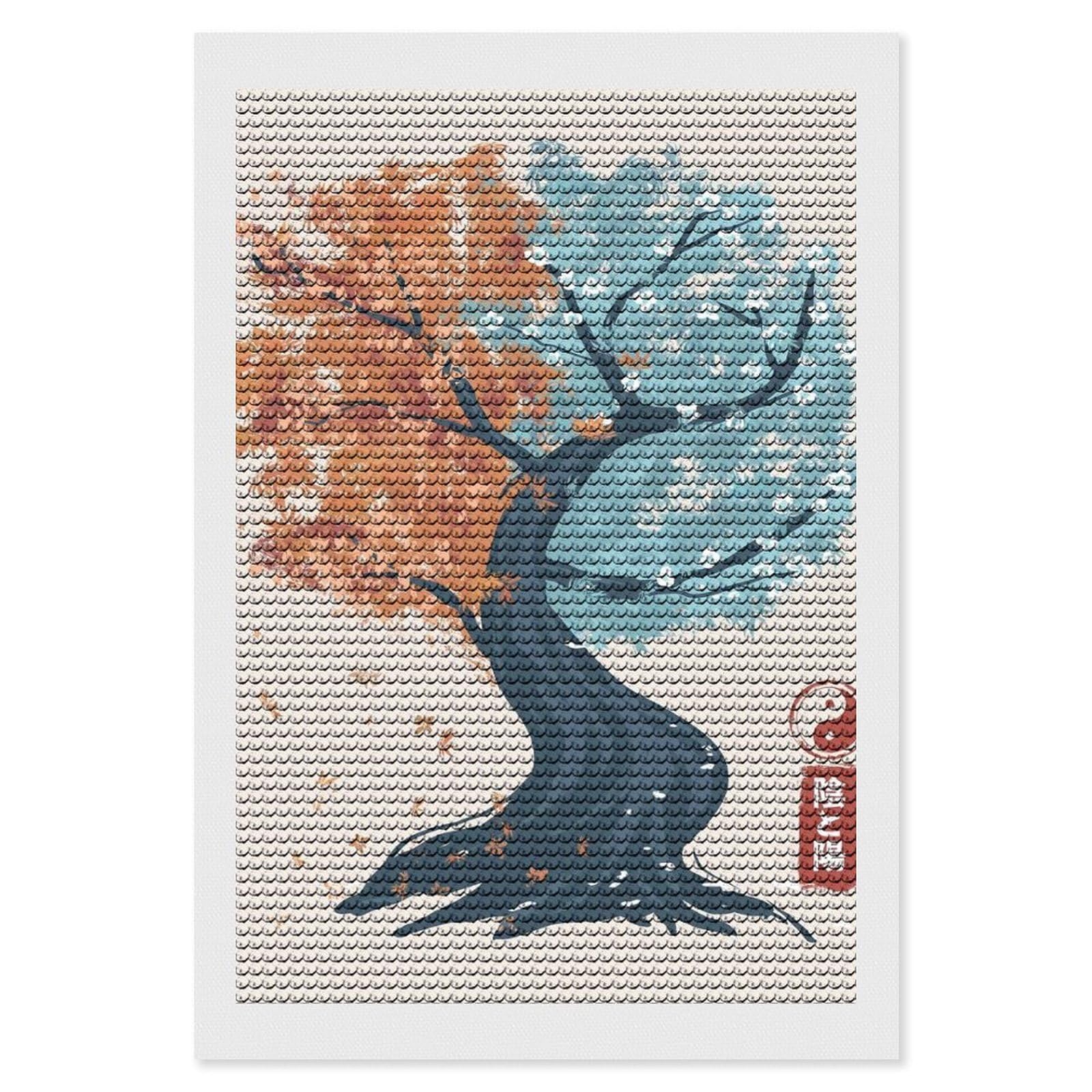 Junmoney Yin Yang Tree Diamond Painting Canvas Set 8"x12", Easy to Enjoy, Adhesive Canvas, Office Decor, Holiday Gift Idea, with Tool Kit