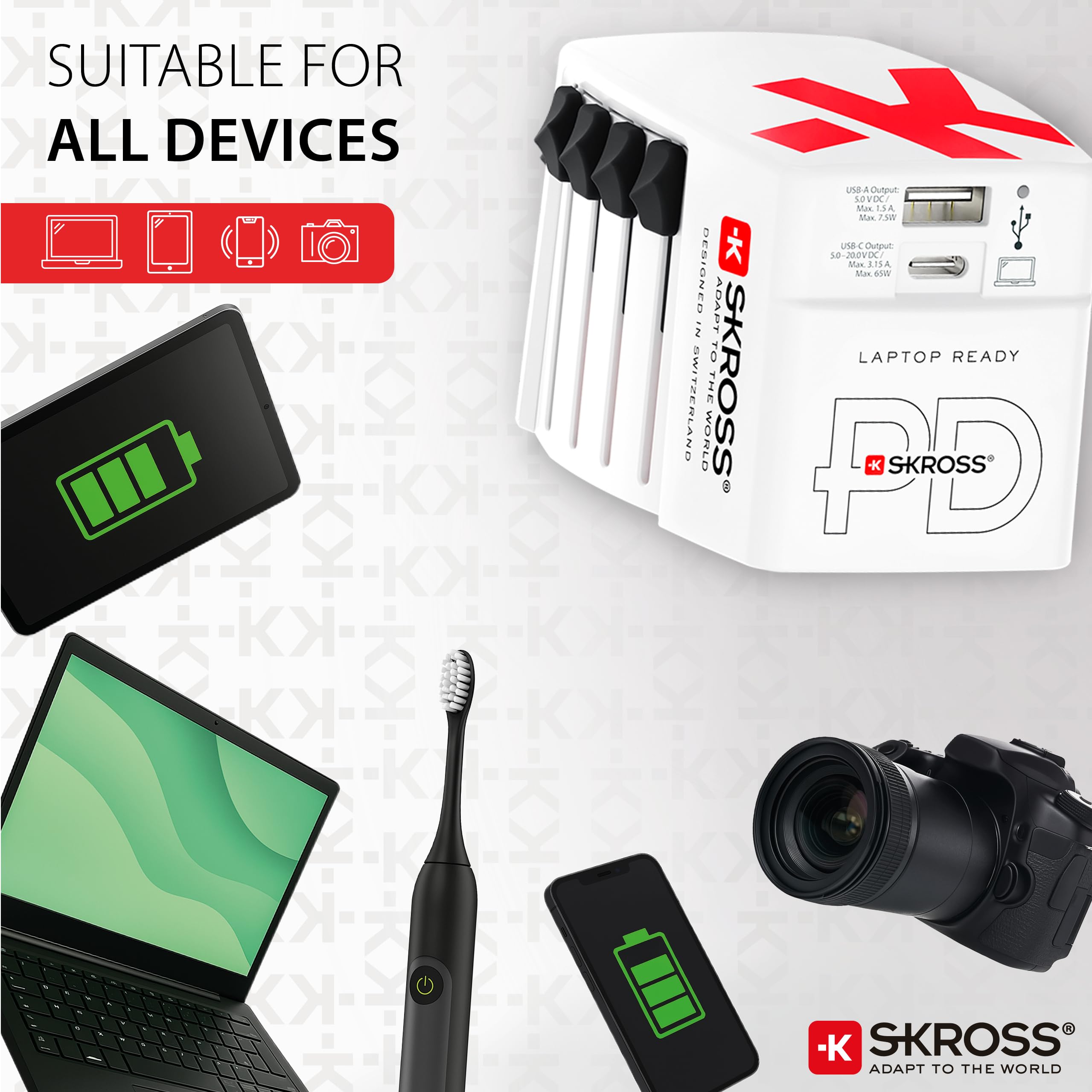 SKROSS - World USB Charger AC65PD - Caricabatterie Internazionale da Viaggio da Muro con 2 USB - 65W Fast Charging e Power Delivery - Cavo USB-C da cm Incluso