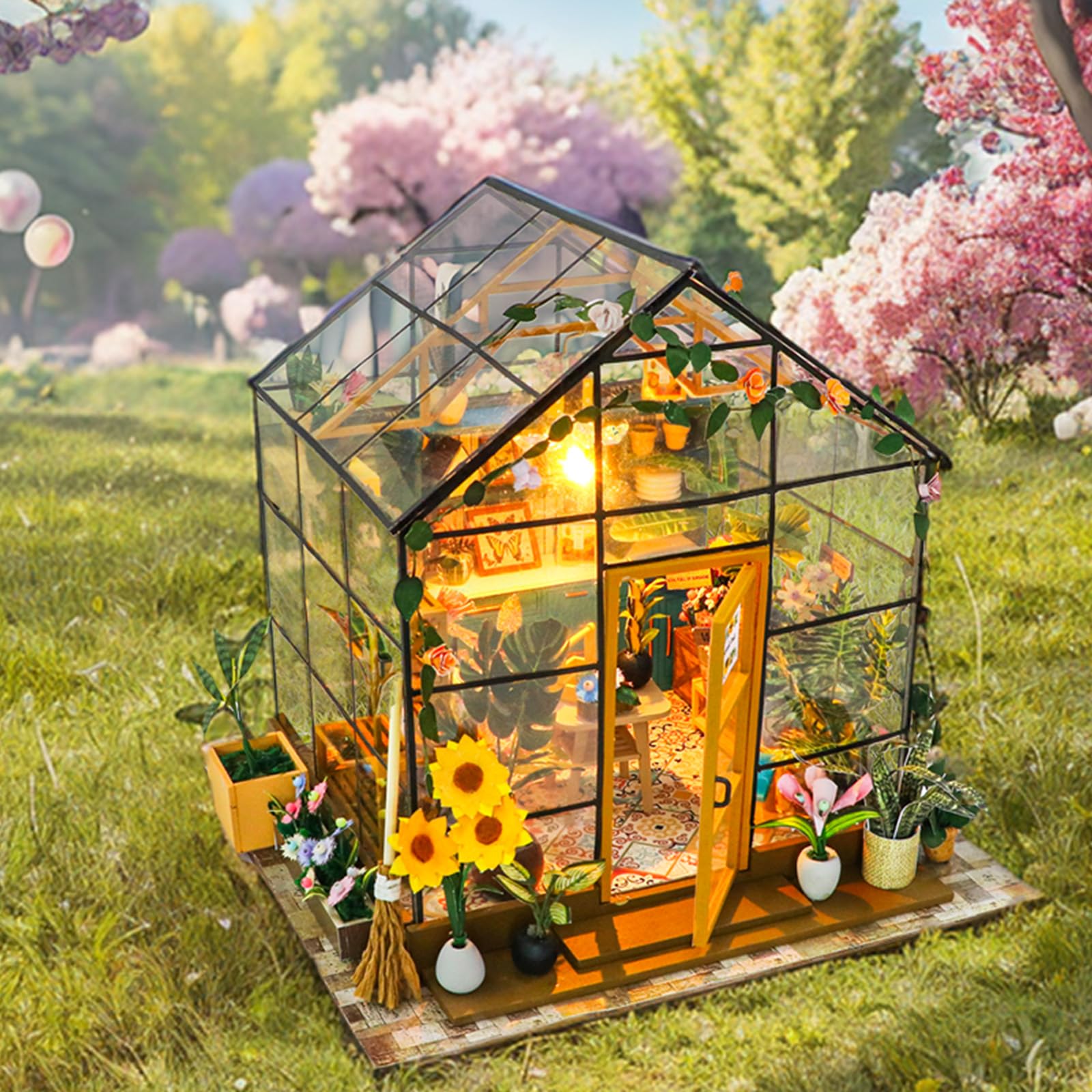 JONRRYIN DIY Miniature House, Casa Miniatura para Montar, Modelo de Invernadero con Lámpara LED e Instrucciones, casita de Madera Miniatura para Decoración del Hogar Regalos Creativos (A)
