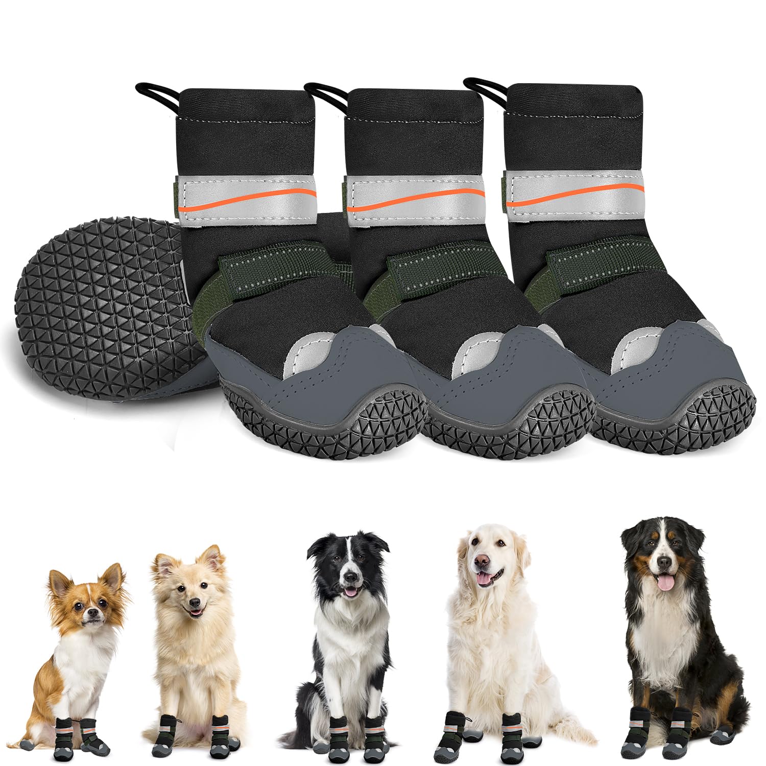 Eyein Dog Boots Paw Protector - Waterproof Dog Shoes for Rainy Winter Snowy Day, Non-Slip Shoes with Reflective Strip for Injured Paws, Pet Walking Boots for Small Medium Large Breeds(4pcs)