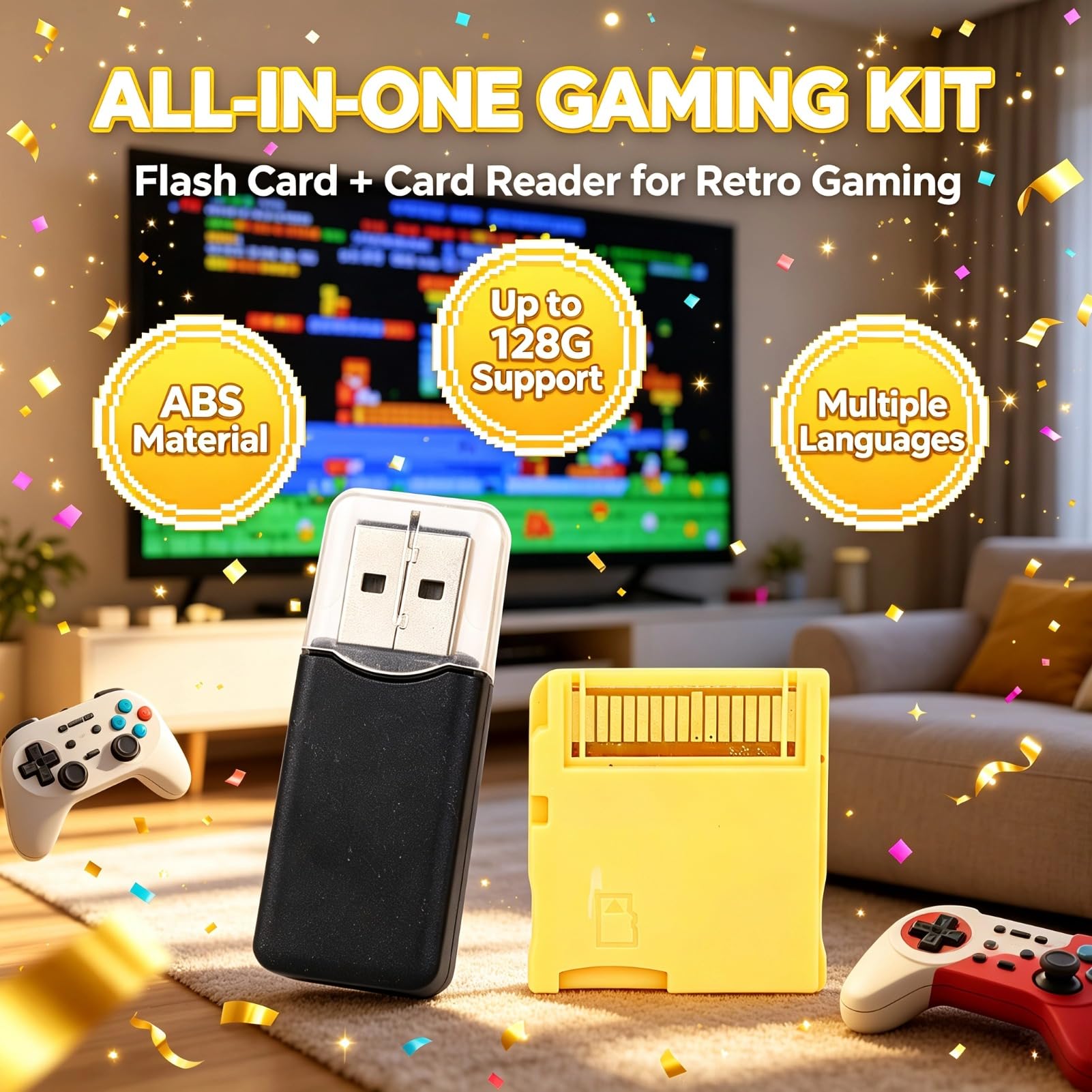 Lazmin112 2025 R4 Tarjeta de Memoria de Videojuegos, Chip ASIC Construido, Tarjeta Flash con Lector, para NDS/NDSL/NDSI/NDSI XL/2DS/3DS/3DS XL/Nuevo 3DS/Nuevo 3DS XL/2DS XL (Gold)