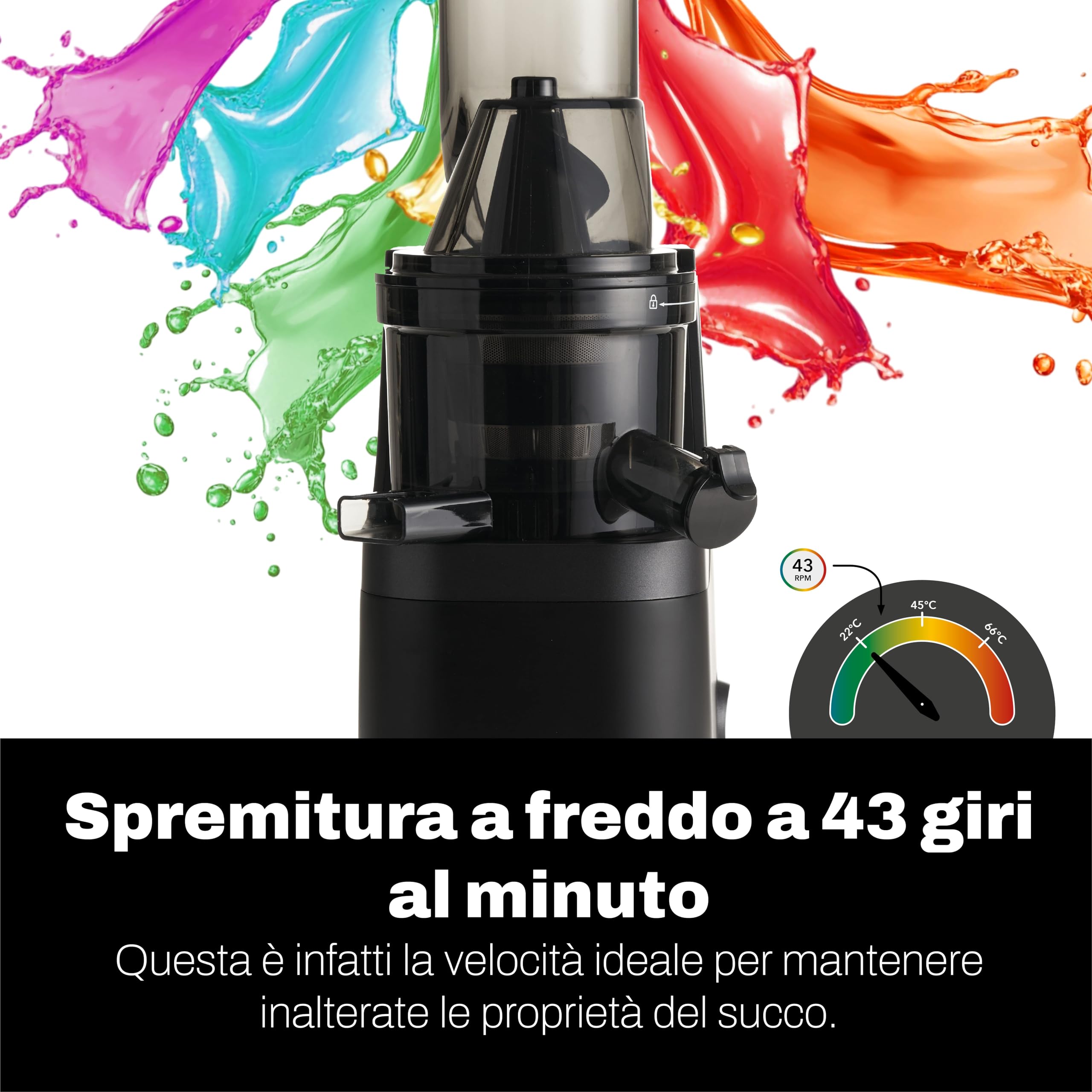 Classe Italy Estrattore di succo a Freddo VIVO Big Mouth 43 giri, Estrattore Frutta e Verdura con Filtro Succhi e Filtro SORBETTO, funzione risciacquo, Spremitura a Freddo, Motore a induzione