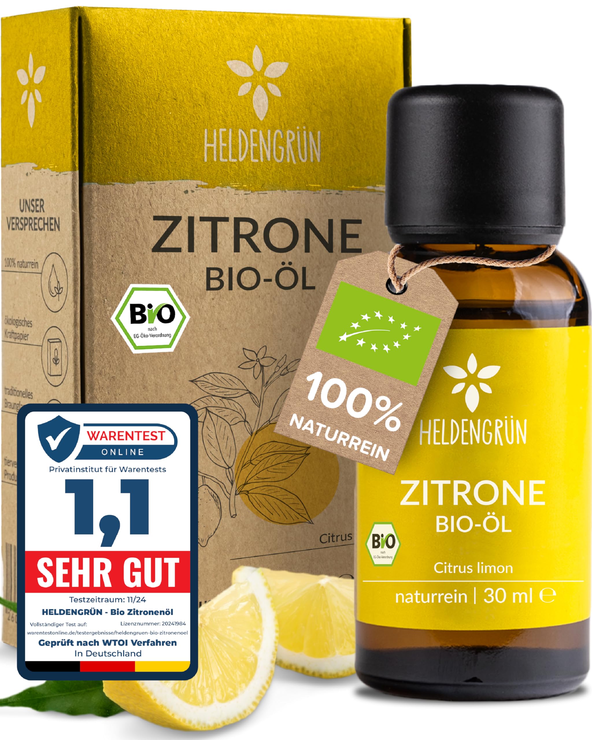 Heldengrün® Organic Lemon Oil - 100% Natural, Cold Pressed From Real Lemons - Pure Essential Oil for Consumption
