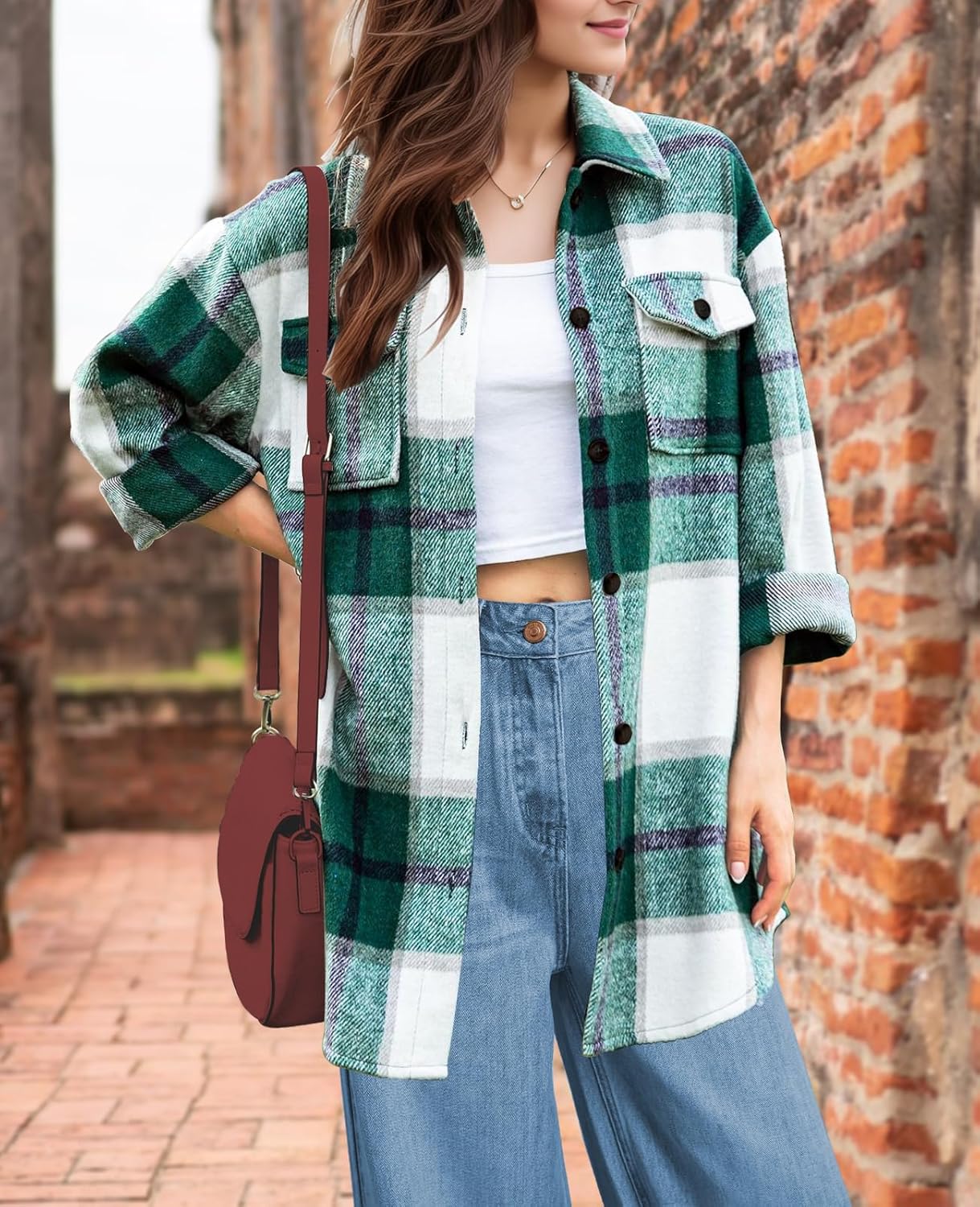 SHEJIZE Women's Casual Shacket Jacket Plaid Shirts Flannel Blouses Button-Down Shirts - Image 5