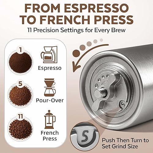 Miniatura 4 de ZaksCoffee - Molinillo de café manual con núcleo de acero inoxidable, molinillo de café de mano con 11 ajustes ajustables, mango y perilla
