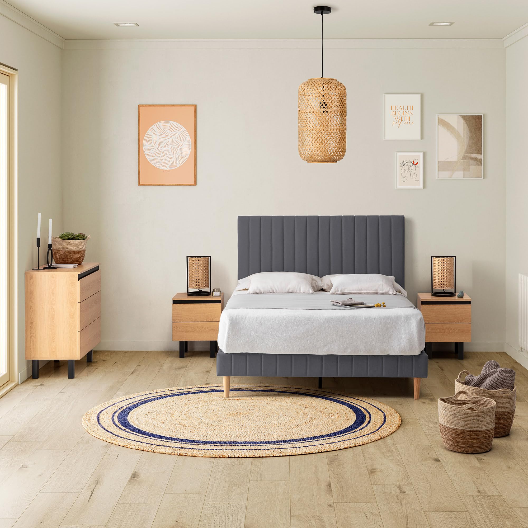 HOMN LIVING Base Imbottita + testiera Eris 160x200 cm Grigio Scuro, 30 cm Altezza