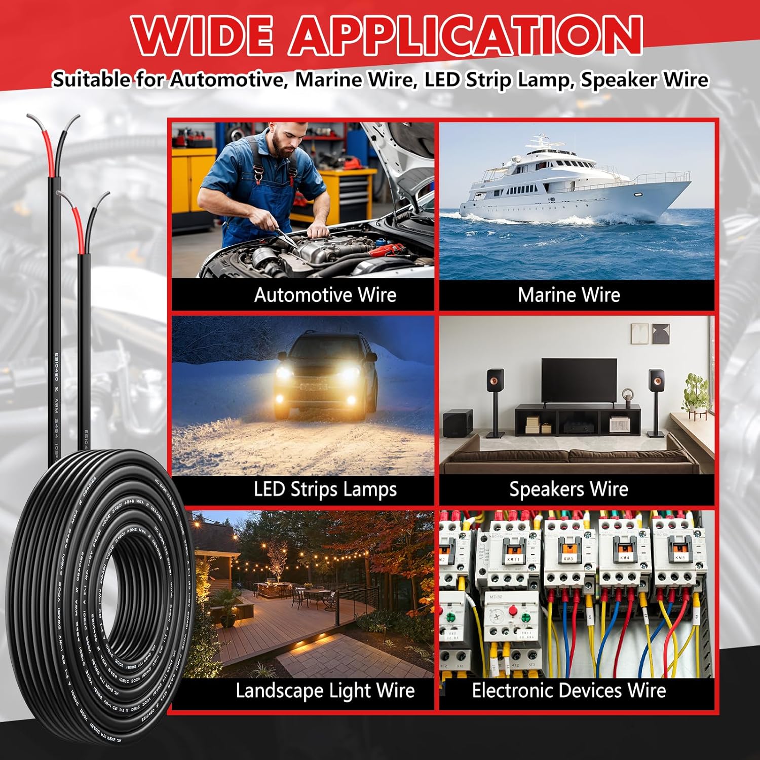 18 Gauge Wire 2 Conductor Electrical Wire, 18 AWG Wire Stranded PVC Cord, 12V Low Voltage/Oxygen-Free Tinned Copper/Flexible 18/2 Wiring for Automotive Marine LED Strips Lamps Lighting (100FT/ 30M)