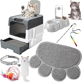 Tioncy Kit de iniciación de 7 piezas para gatos pequeños, caja de arena para gatos con pala y alfombrilla de arena para patas, cuencos dobles automáticos, juguetes de juguete para collar de gatito,