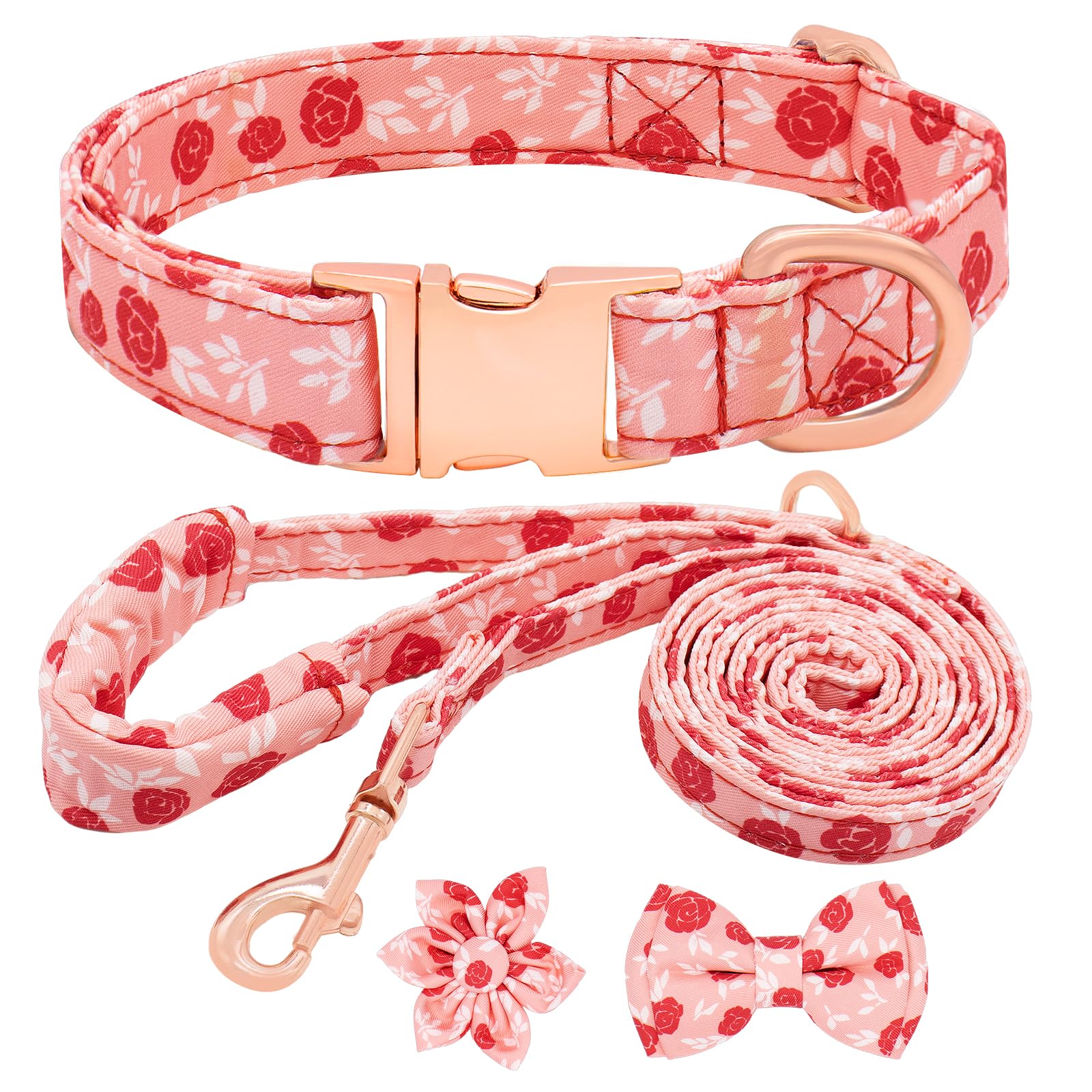 Dote on Dog Collar and Lead Set including Bow Tie, Girl Dog Collar with Detachable Flower with Strong Gold Buckle