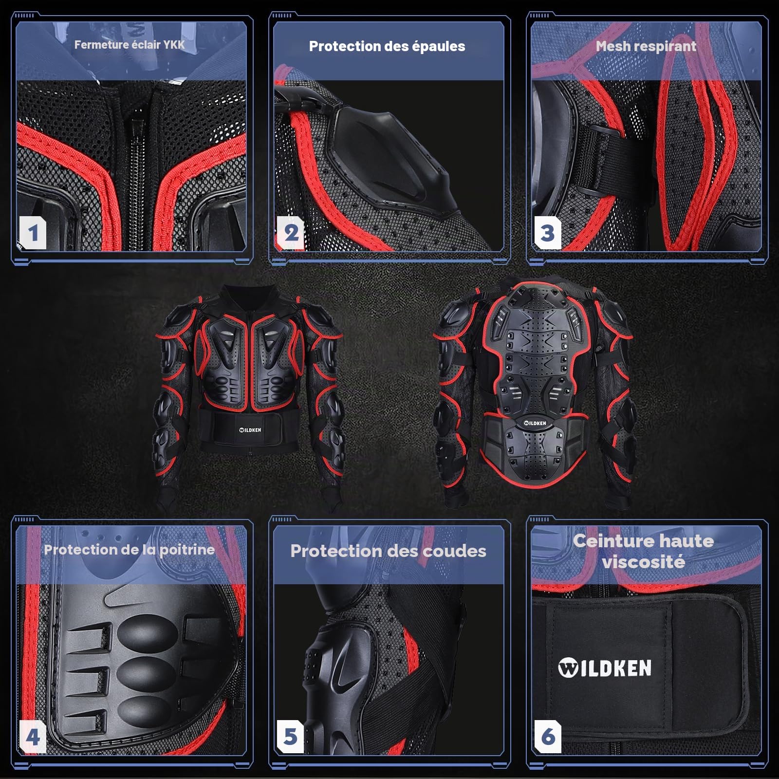 WILDKEN Veste Armure Moto Blouson Motard Gilet Protection Équipement de Moto Cross Scooter VTT Enduro Homme ou Femme (Rouge & Noir, M)