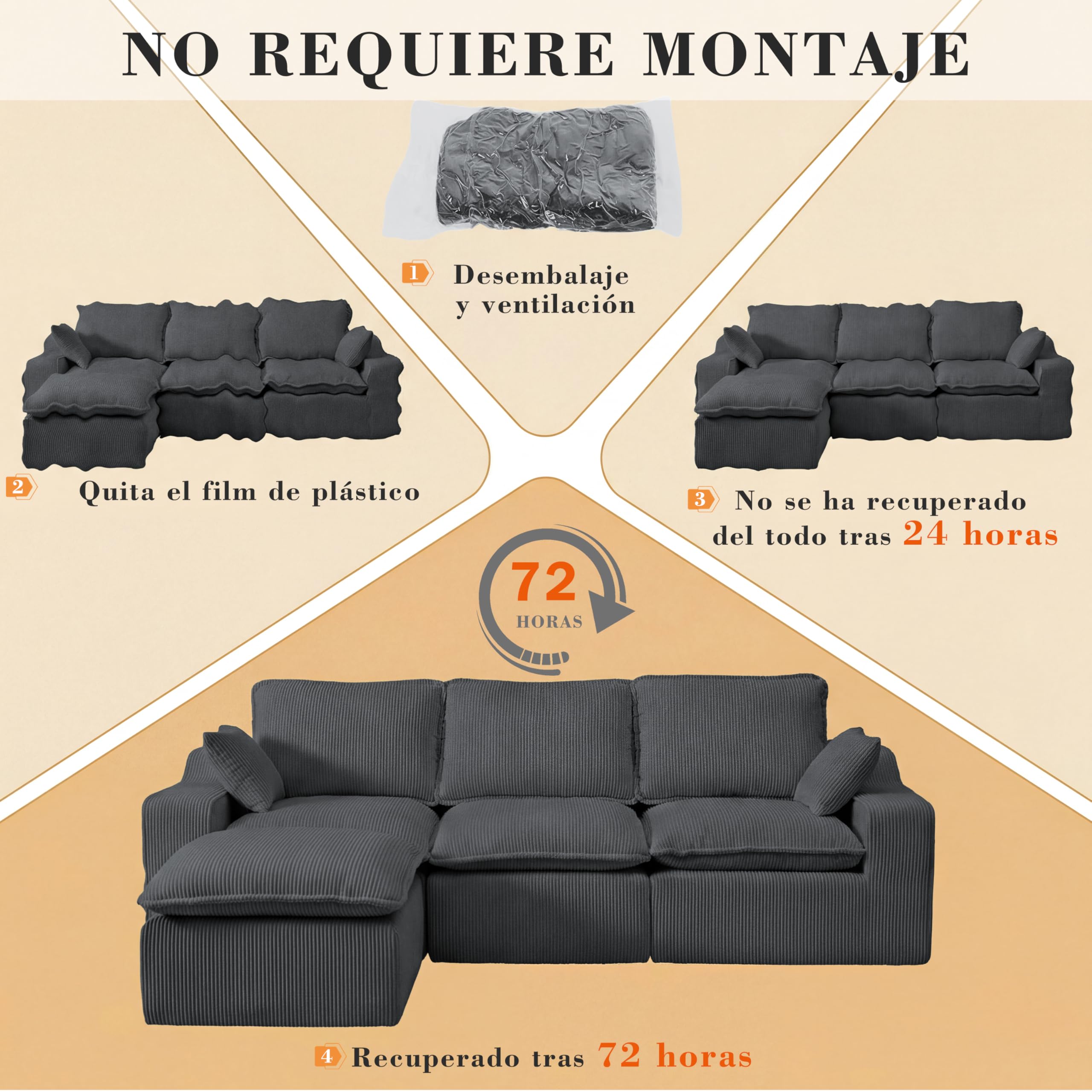 Vipbear Sofá Cama de 4 Plazas de 273 cm, Sofá de Salón en Forma de L, con Otomana Extraíble, Tapizado en Pana, Asiento Profundo y Chaise Longue, No Requiere Montaje, Gris