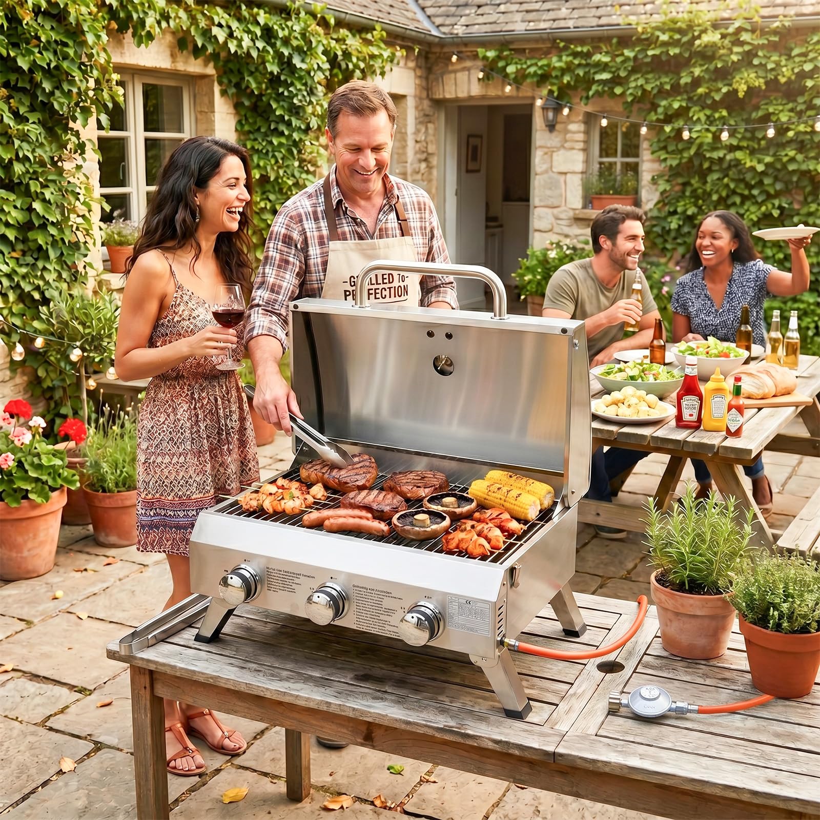 ROVSUN 6,6 kw Gasgrill mit 3 Brenner Gasgrill Camping mit Deckel & Thermometer 61x43x40 cm, Tischgrill für Hinterhof, Terrasse, Camping, Strand & Picknick
