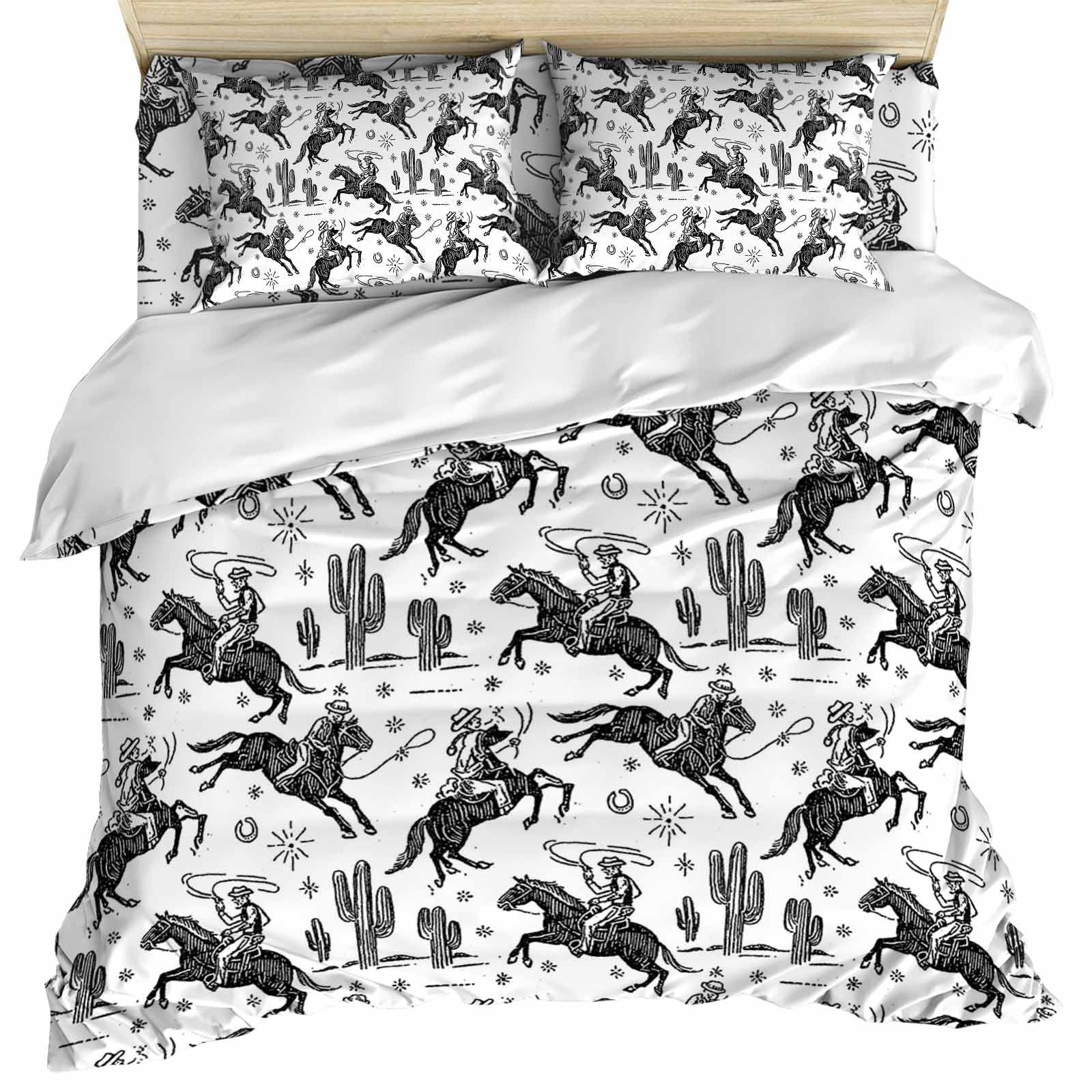 Set of 4 Bedding Quilt Covers, Western Cowboys 4-Piece Bed Sheet Set with Extra Soft Bed Sheets Quilt Cover Pillowcase, Vintage Desert Cactus Horseshoe White Queen