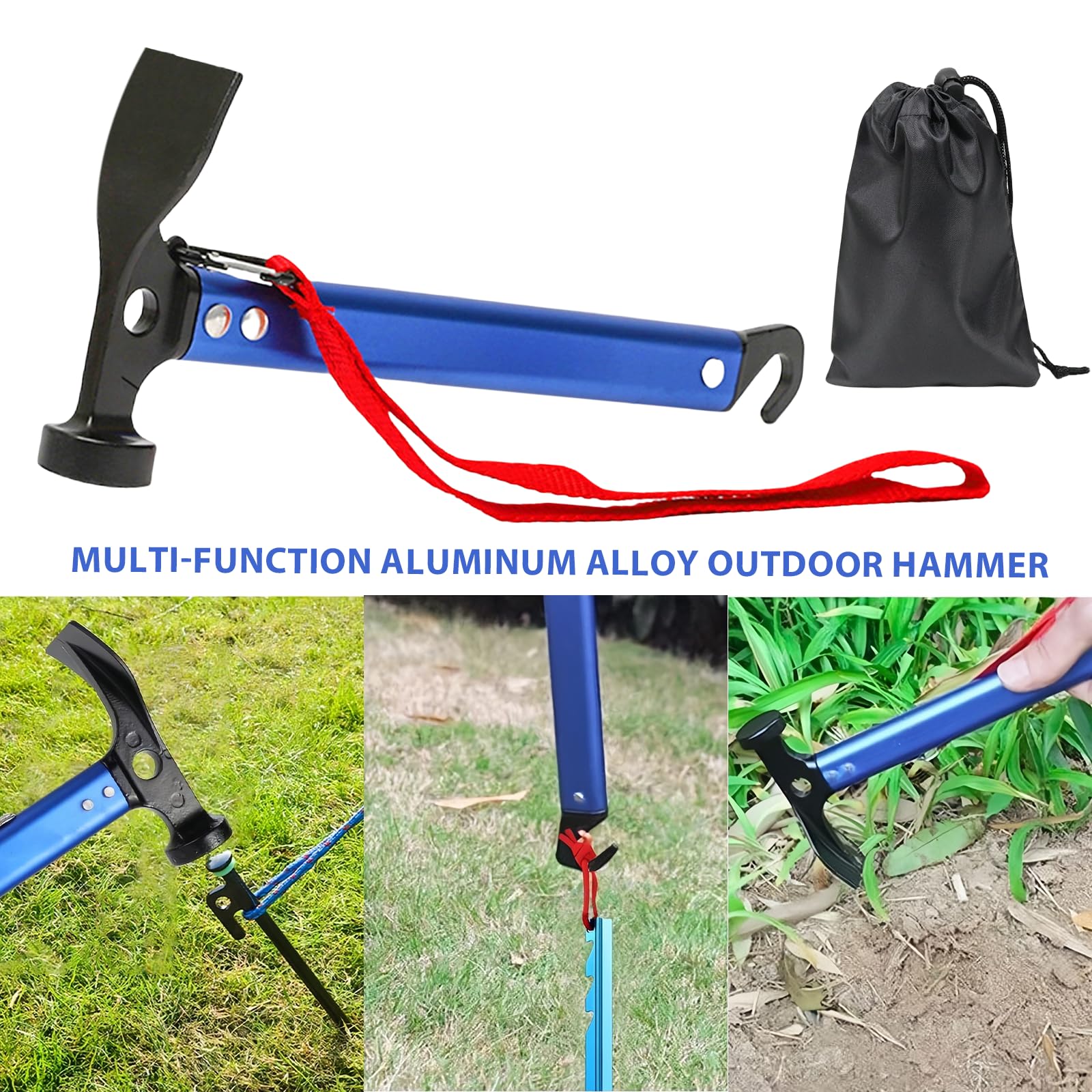 Marteau de camping 30,5 cm, marteau de camping avec crochet et mini-pioche, marteau en aluminium, marteau multifonctionnel pour piquets de tente avec sac de rangement (Bleu)