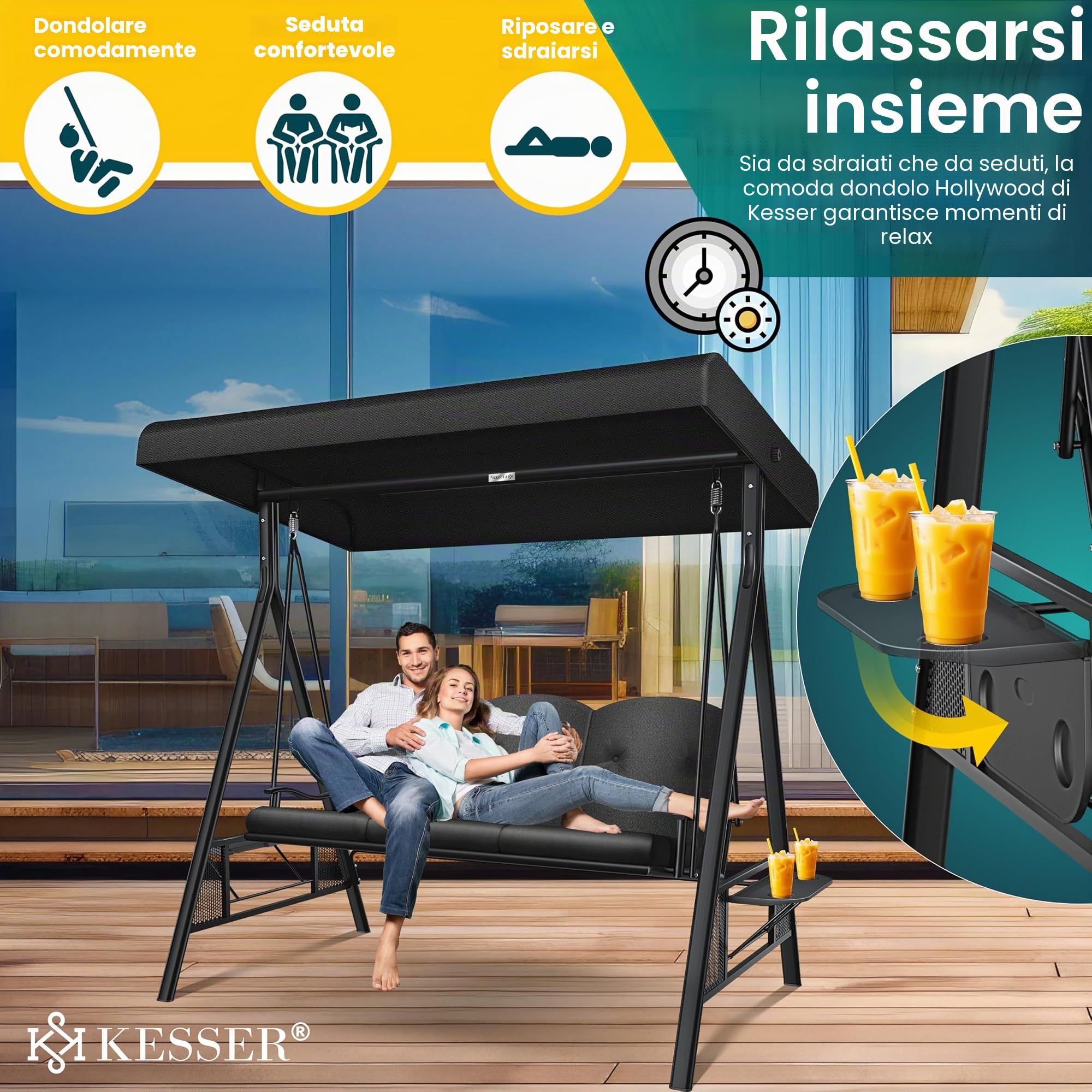 KESSER® Dondolo Hollywood con tettuccio parasole, 3 Posti, cuscino di seduta, Portata fino a 360 kg, Sdraio da Giardino con piedini antiscivolo, Uso Esterno e Interno, Idrorepellente, Nero