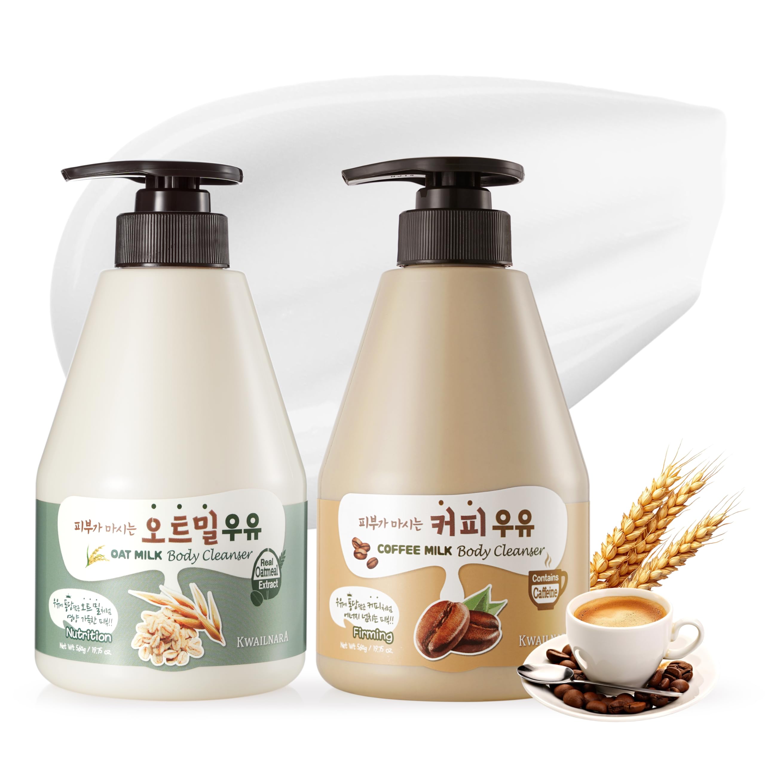 WELCOS Kwailnara Oat & Coffee Milk Body Wash Set – Soothing & Revitalizing Korean Skincare Duo with Oat Milk & Coffee Extract, 560g / 19.75oz Each