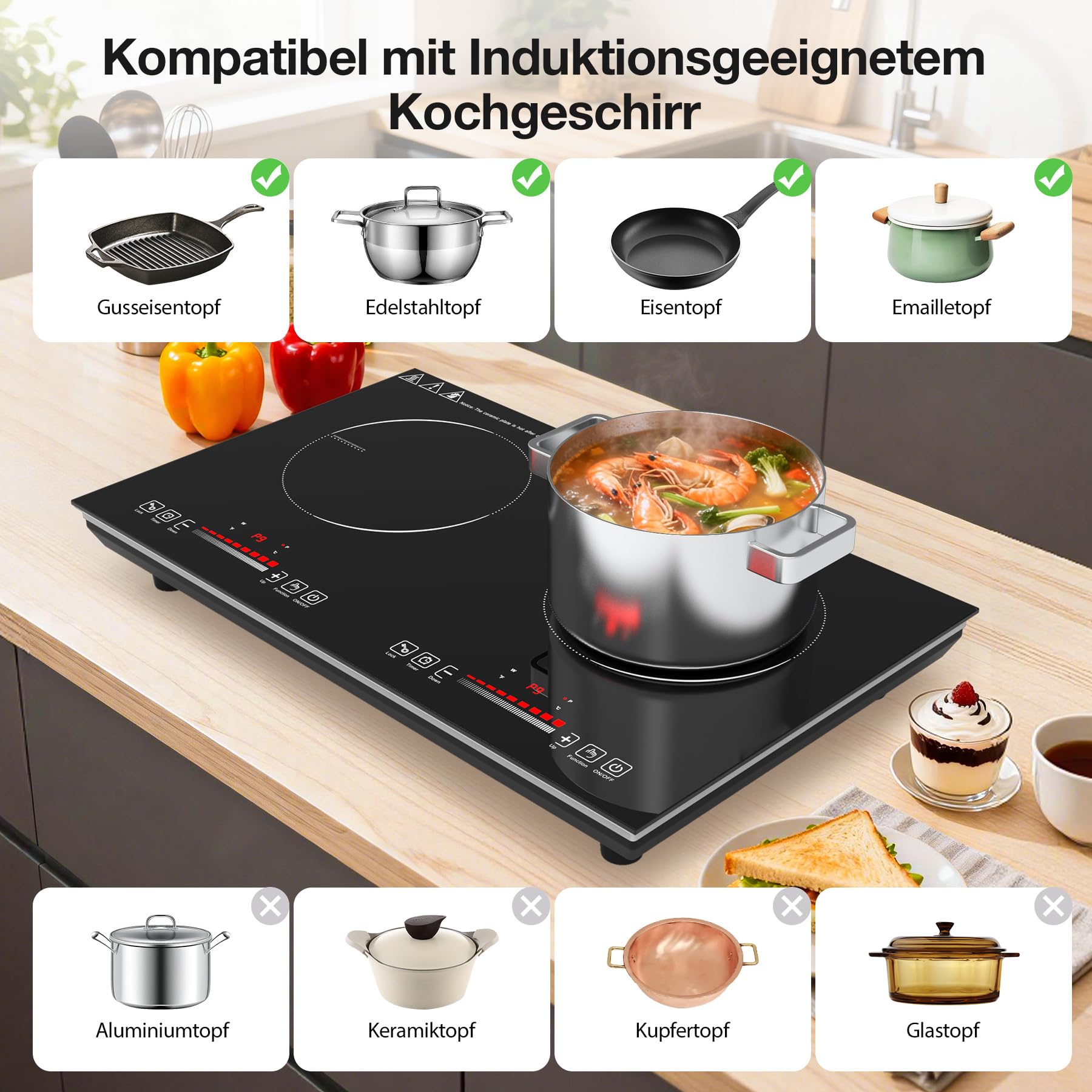 Induktionskochfeld 2 Platten 3600W, Freistehende Kochplatte Elektrisch 60cm mit 9 Leistungsstufen, Timer und Kindersicherung, Doppelkochplatte für Küche und Wohnung