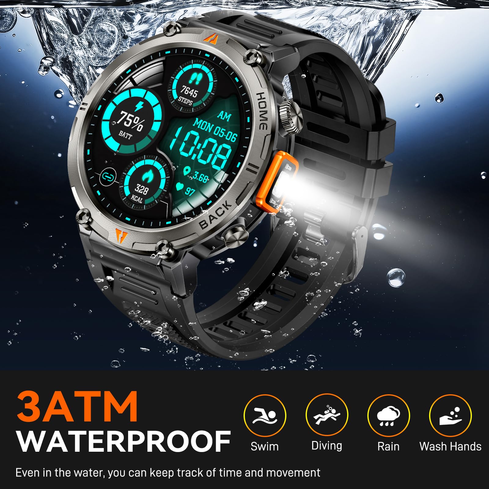 Foxhawk Smart Watch militare con localizzatore GPS, 1,44 pollici HD robusto Smart Watch con torcia a LED bussola, 3ATM impermeabile Smartwatch tattico per iOS Android, orologio fitness da uomo