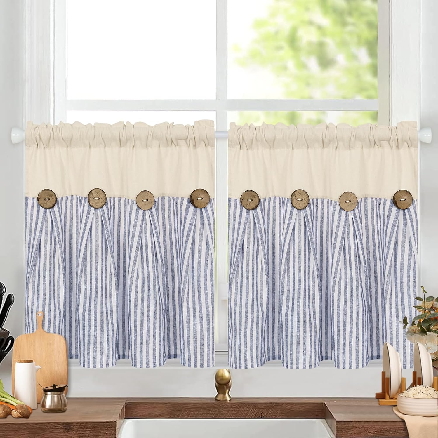 ASPMIZ Cotton Linen Kitchen Curtains and Valances Set, Boho Rustic Button Valances for Windows Farmhouse Style Striped Window Treatments Curtain Valance for Bathroom, 52x18 and 26x24 Inches, Blue
