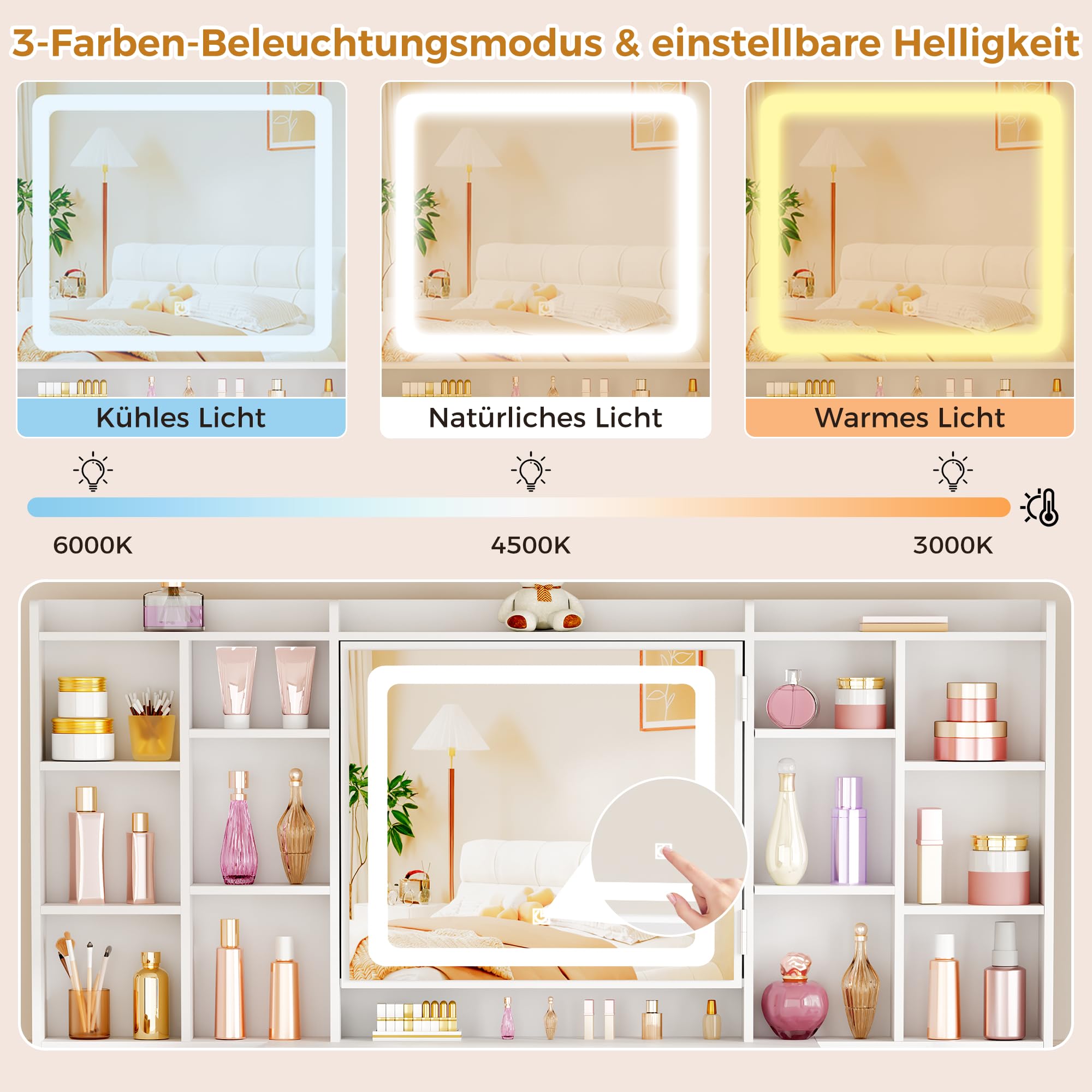 ANWBROAD 150cm Großer Schminktisch mit Spiegel und Beleuchtung Kosmetiktisch mit Steckdosen Schminktisch mit 10 Schubladen 15 offene Regale 9 Schmuckhaken Stauraum Hinter dem Spiegel Weiß BDT17W