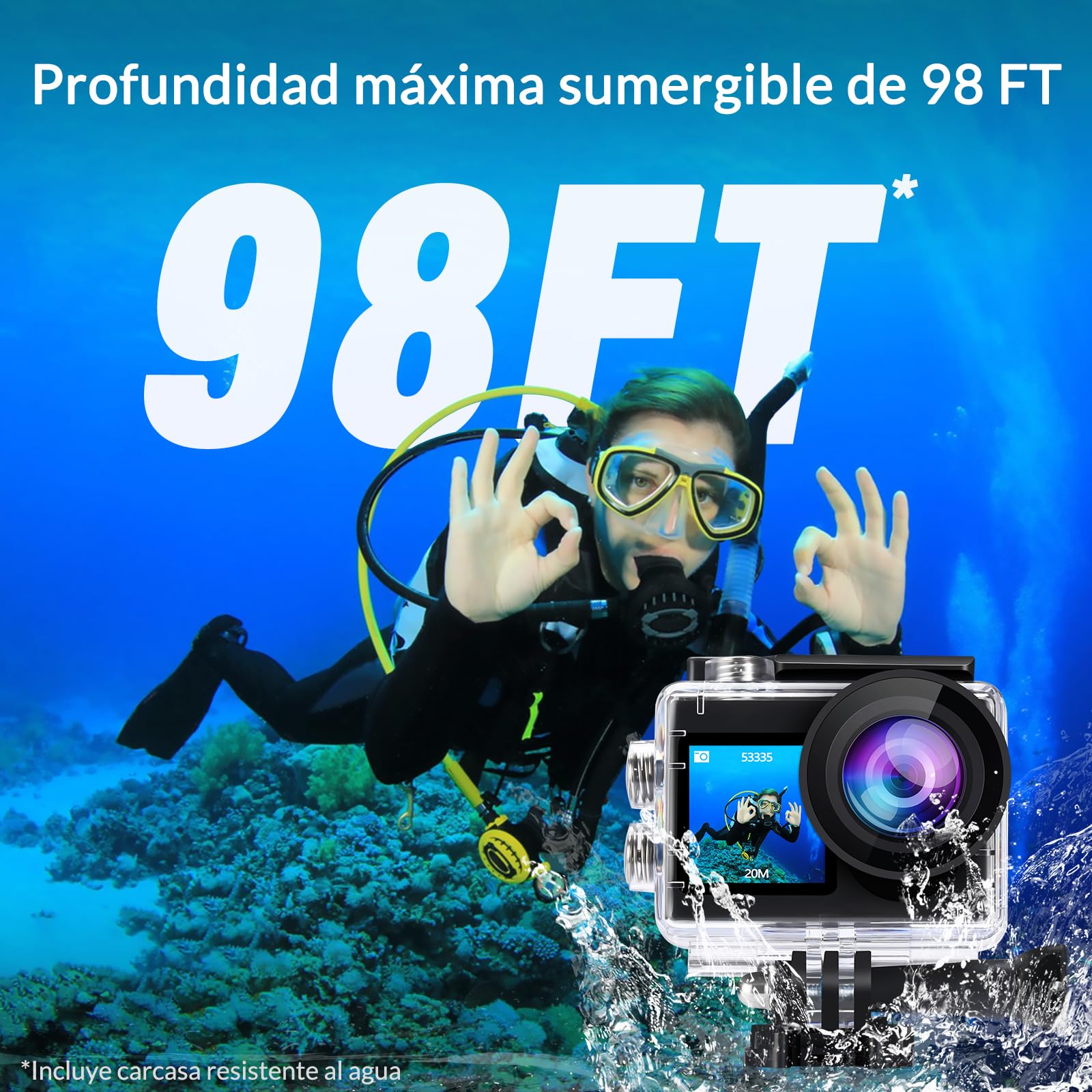 icefox Cámara Deportiva 4K 60FPS 20MP, Cámara Acuática Sumergible con EIS, Zoom 5X, Control Remoto WiFi, App para Editar Video y Fotos, Ideal para Ciclismo, Buceo y Natación