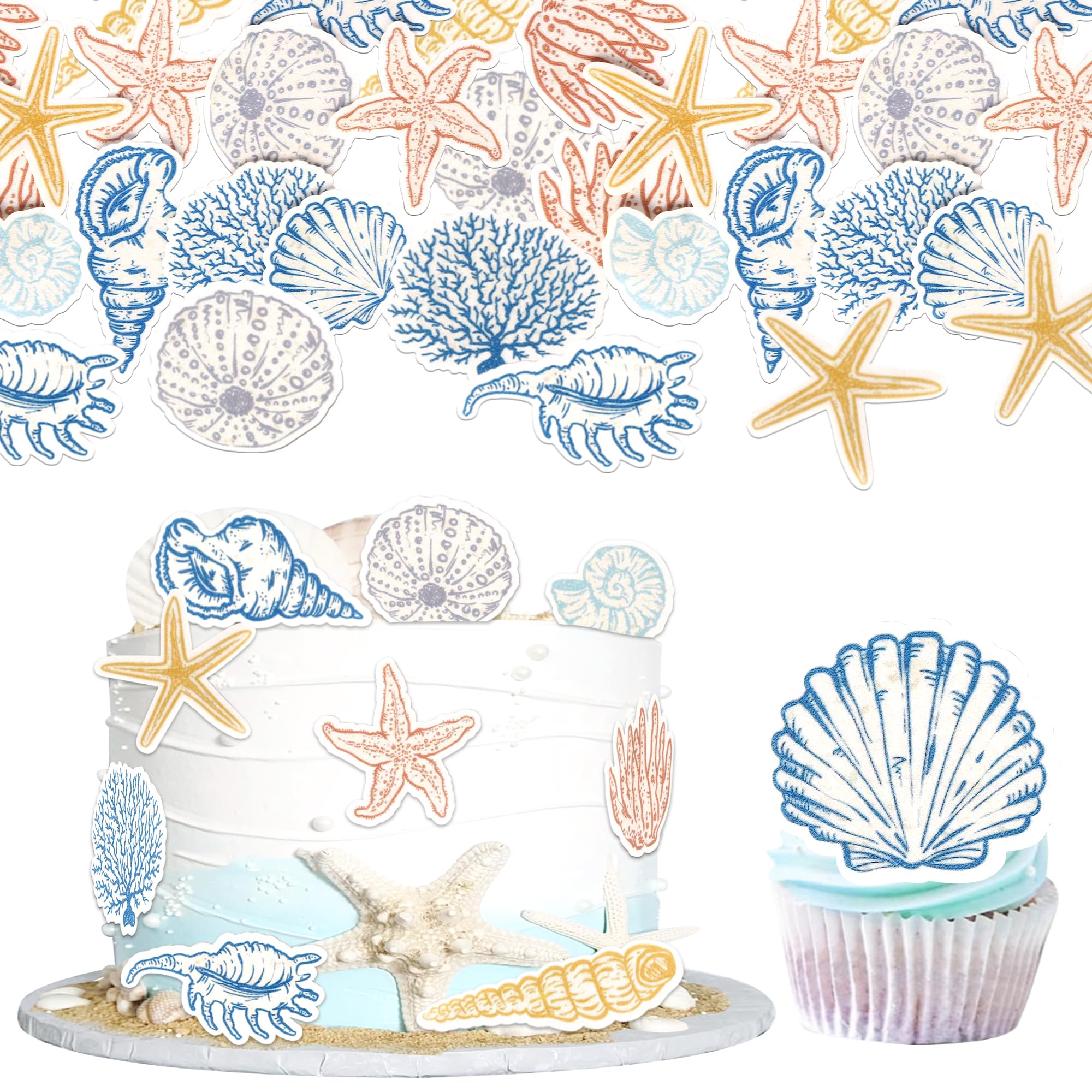60 Pack Edible Under the Sea Cupcake Toppers Starfish Conch Sea Seashells Cake Decorations Edible Summer Sea Seashells Cupcake Picks for Beach Theme Ocean Party Decorations Birthday Party Supplies