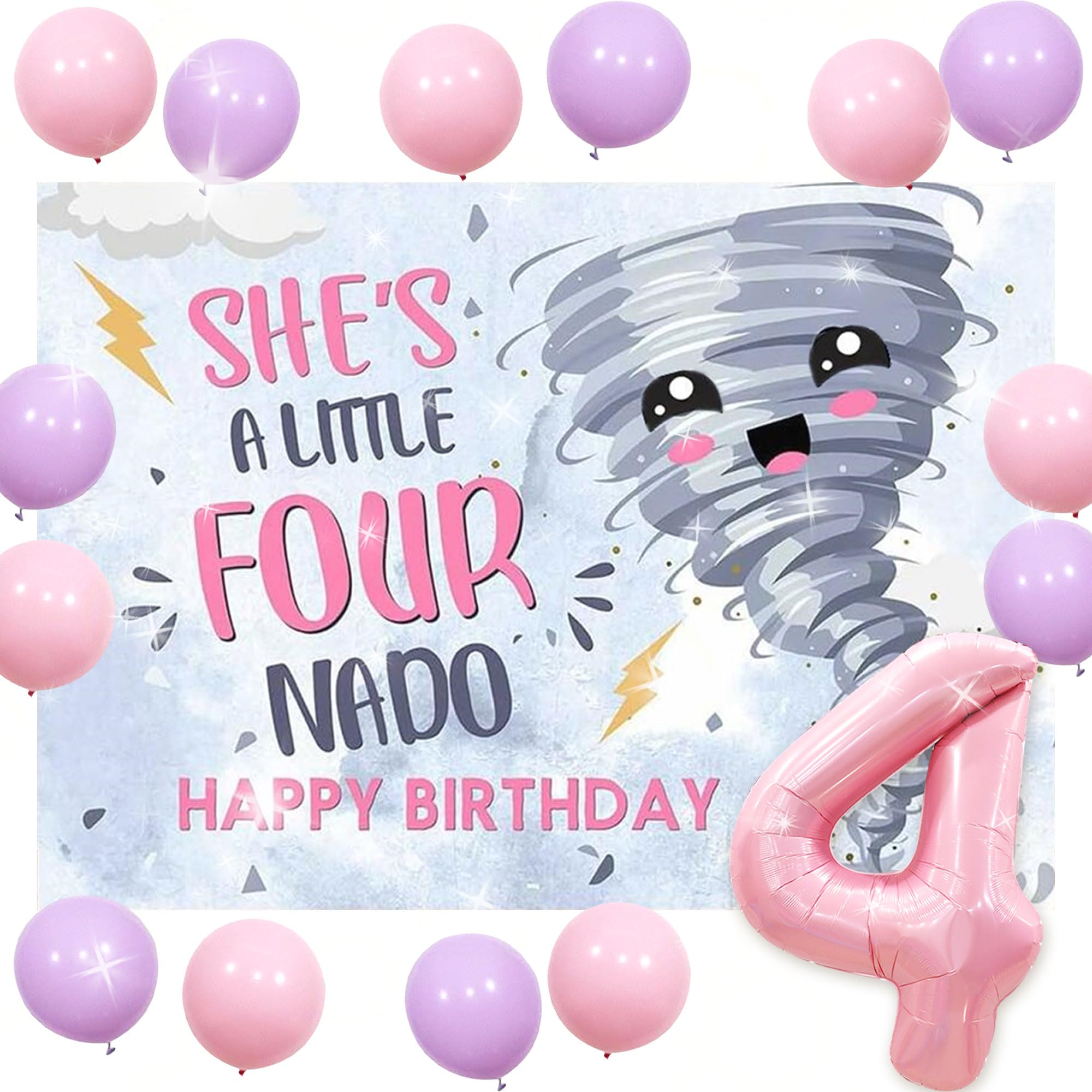 Four Nado Birthday Banner - Tornado 4th Birthday Party Decorations, DIY Photo Backdrop, Black Silver Theme Supplies