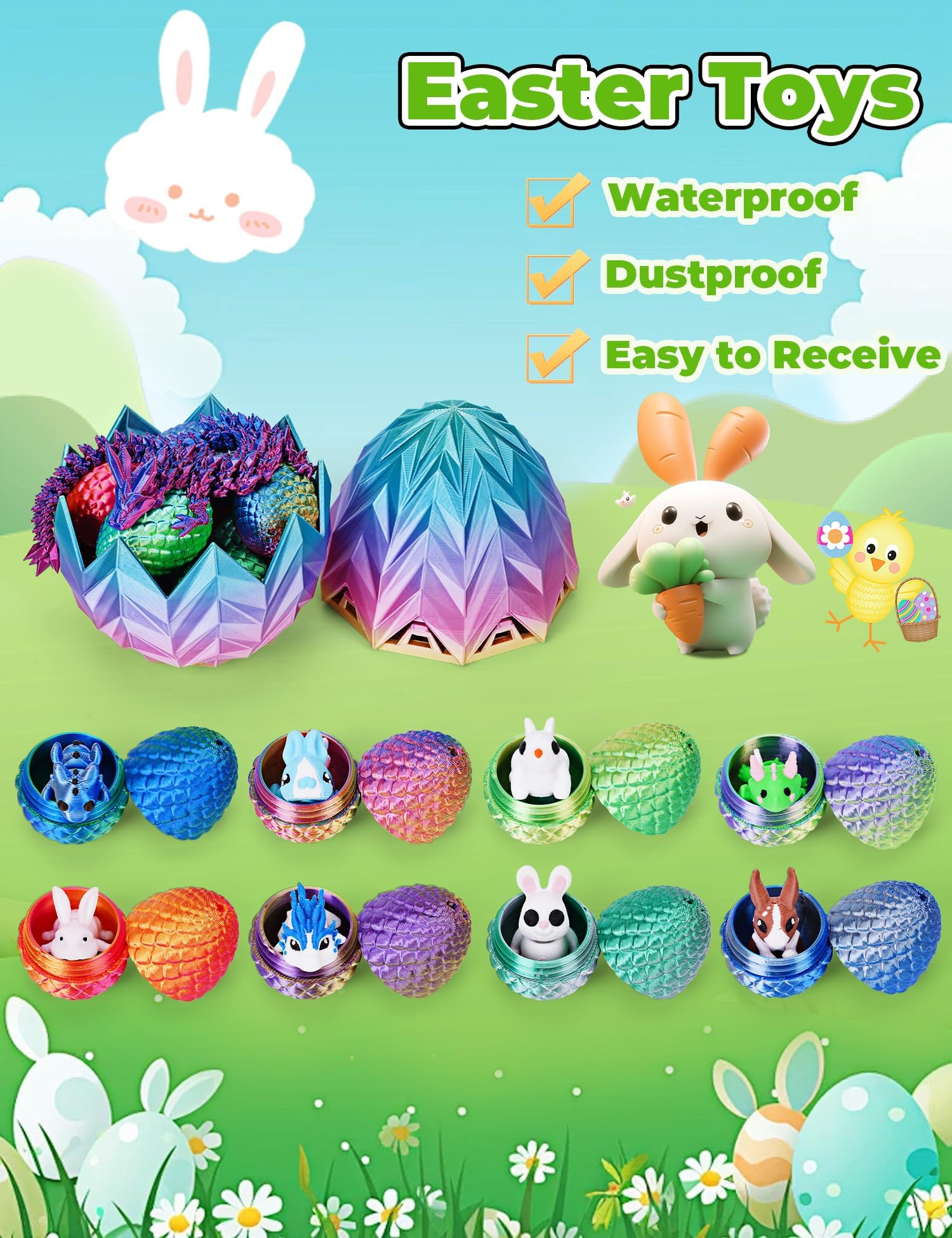 18Pcs 3D Printed Dragon with Egg, Mini 3D Printed Animals, Mini Prefilled Easter Eggs with Toys Easter Basket Essential (A1) - Image 3