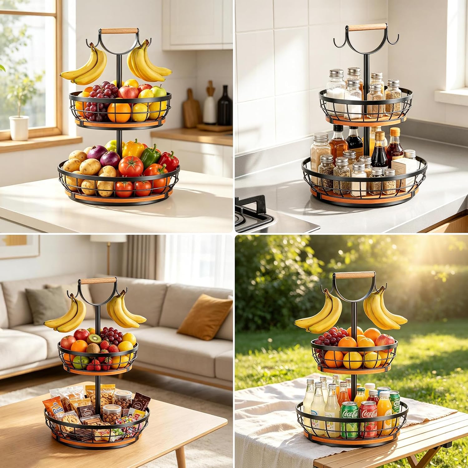 360°Rotating Fruit Basket for Kitchen Counter: 2 Tier Fruit Bowl Wood Base